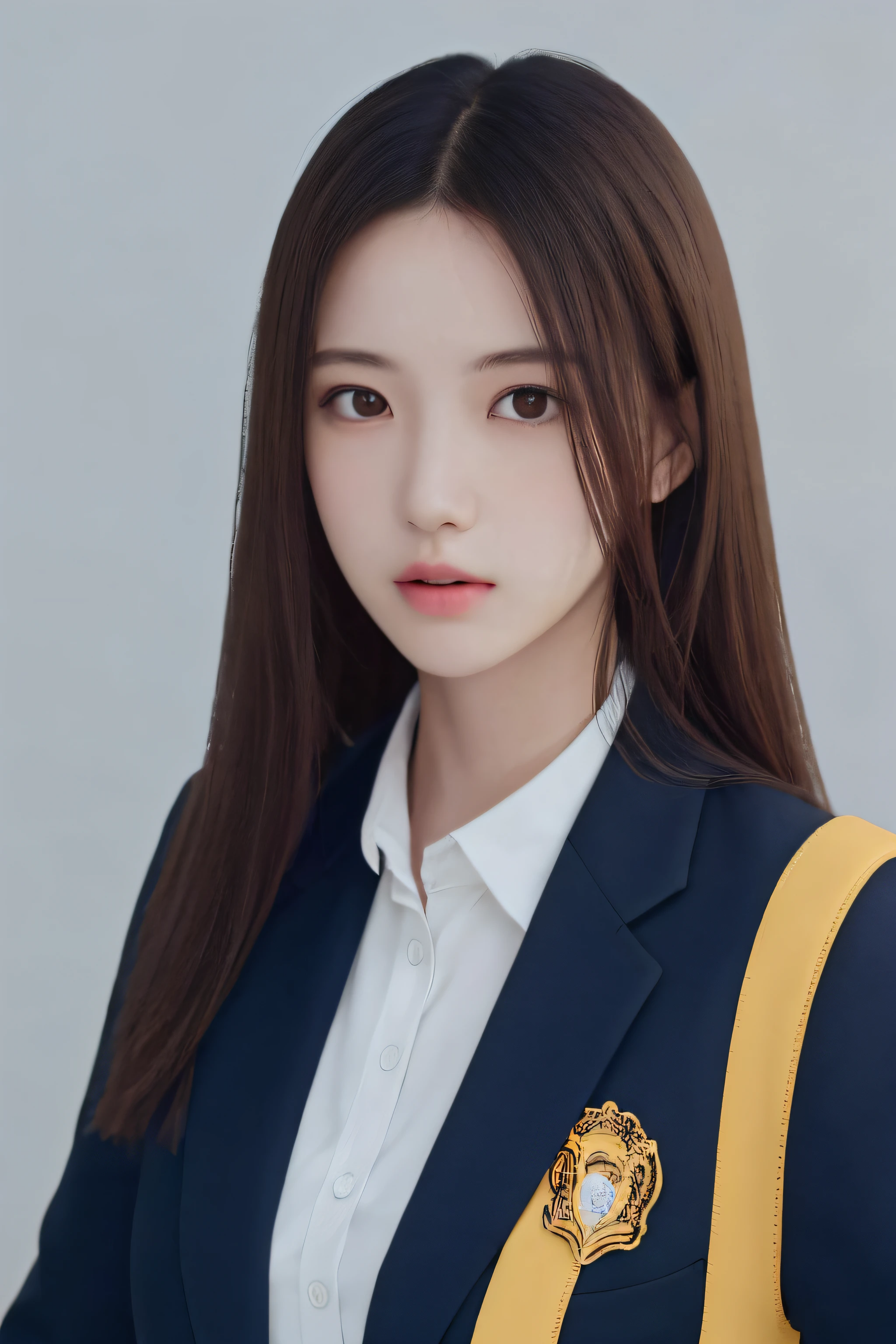 detailed and realistic portrait of a girl with a clean face), (round eyes and long flutters hair shot outside),staring at camera,magical photography, with dramatic lighting, photo realism, Ultra-detailed, intimate portrait composition, (centered image composition),(close up shot:1.6),Best Quality,f/1. 8, 85mm, (18-year-old Asian female), black_heads,(black_eyes:1.2),(bangss),makeups,white_one-piece, (hazy blue_sky_Background with), ((full body shooting)), (Yellow Blazer, bows, Sneakers, Black stockings, High School Uniform: 1.2, )
