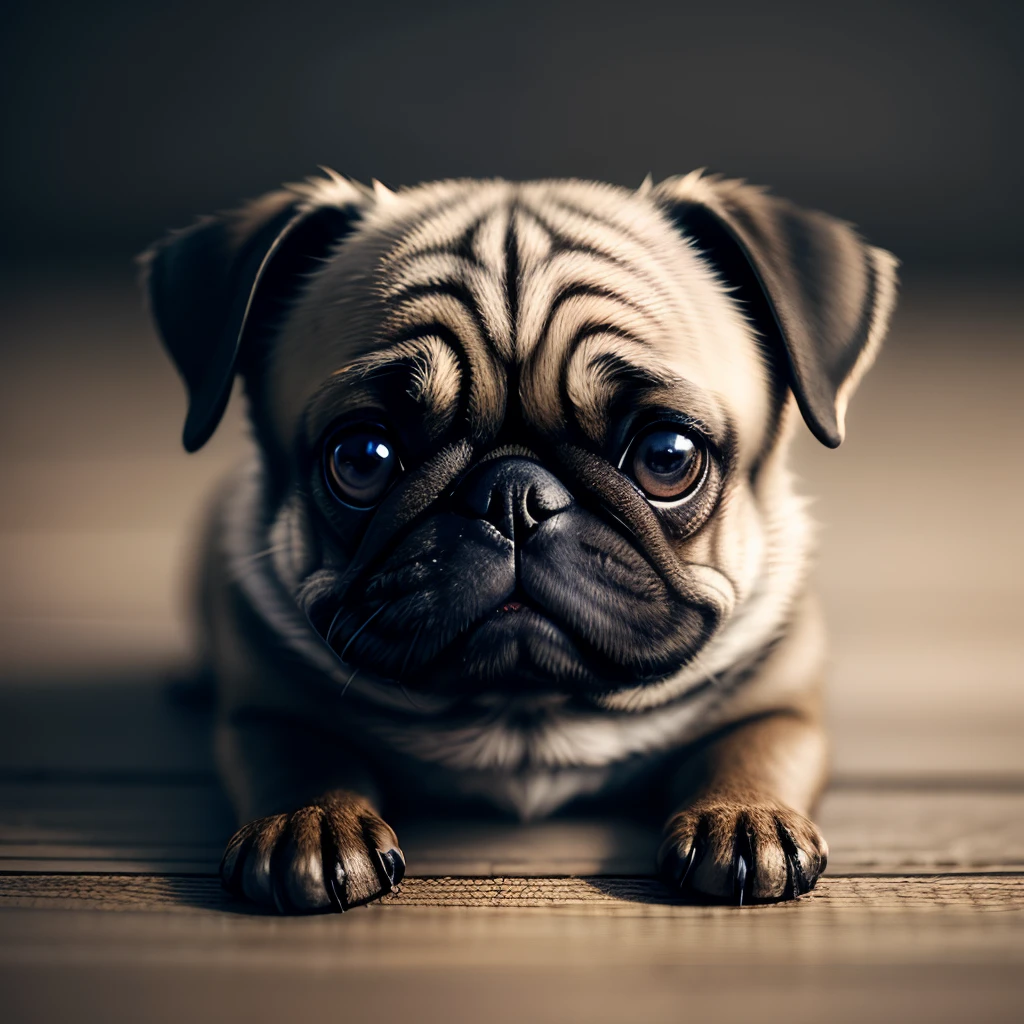 Anthropomorphic pug dog, Lightroom, Cinematic, HDR, Raw, Intricate, hiquality, soft tones, intricate details, low contrast