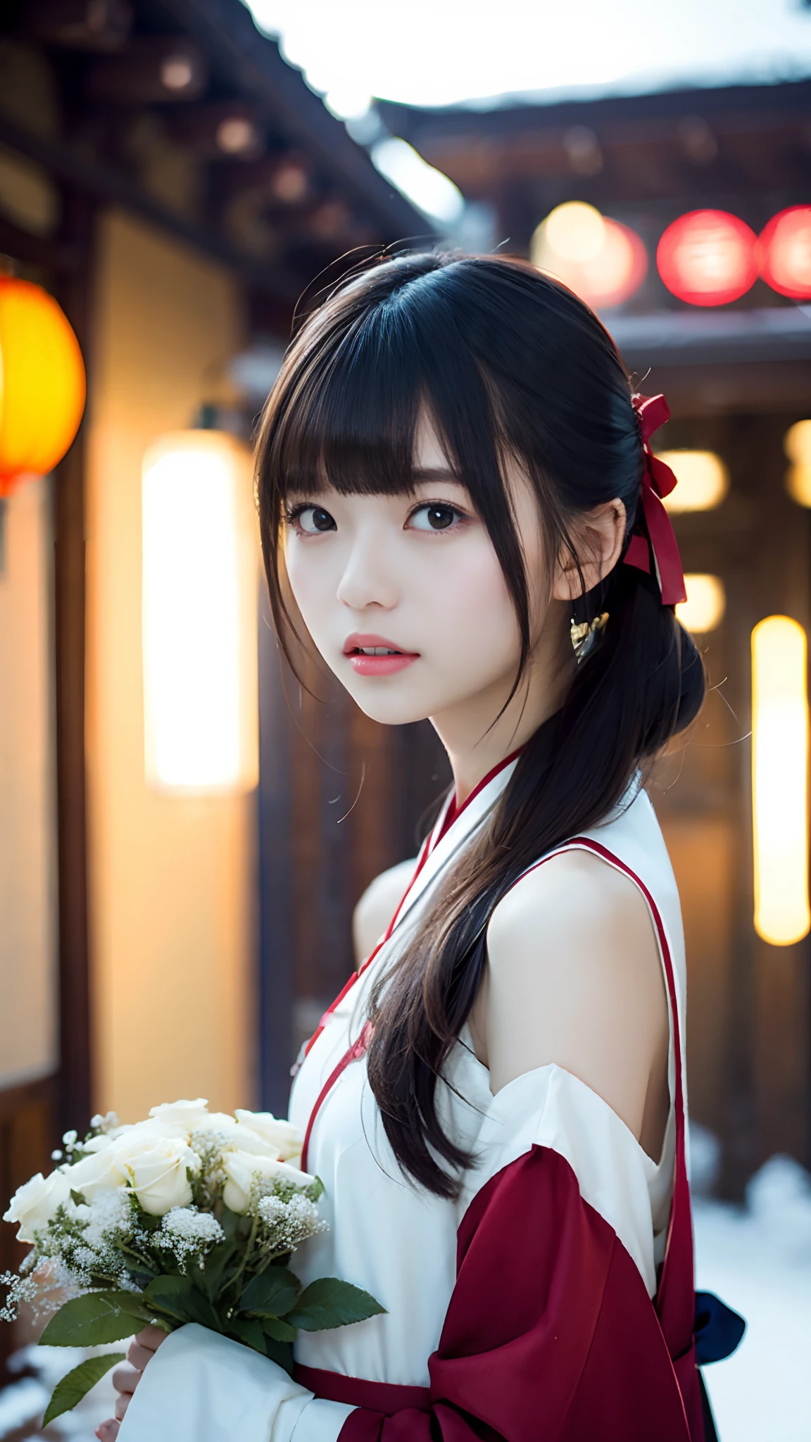 one girl, (a beauty girl, delicate girl:1.3), (24-years-old:1.3),
break, (Shrine maiden costume:1.3), Zoom in on face,
break, Very fine grain definition, (Symmetrical eyes:1.3),
break, (Inari Shrine:1.3), (torii:1.3),
break, Small breasts, Brown eyes, Parted bangs, Brown Hair, girl,
break, (Eye and facial details:1.0),
break, (masterpiece, highest quality, Super detailed, Detailed face, 8k)、embarrassed、blush、open clothes、cleavage、double bun、Put your hands behind your head