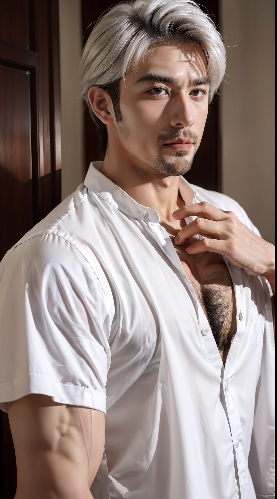Handsome and hunk man, Hairy chest, white hair, 24 years old, 💪🦵🩲,👼🌫️