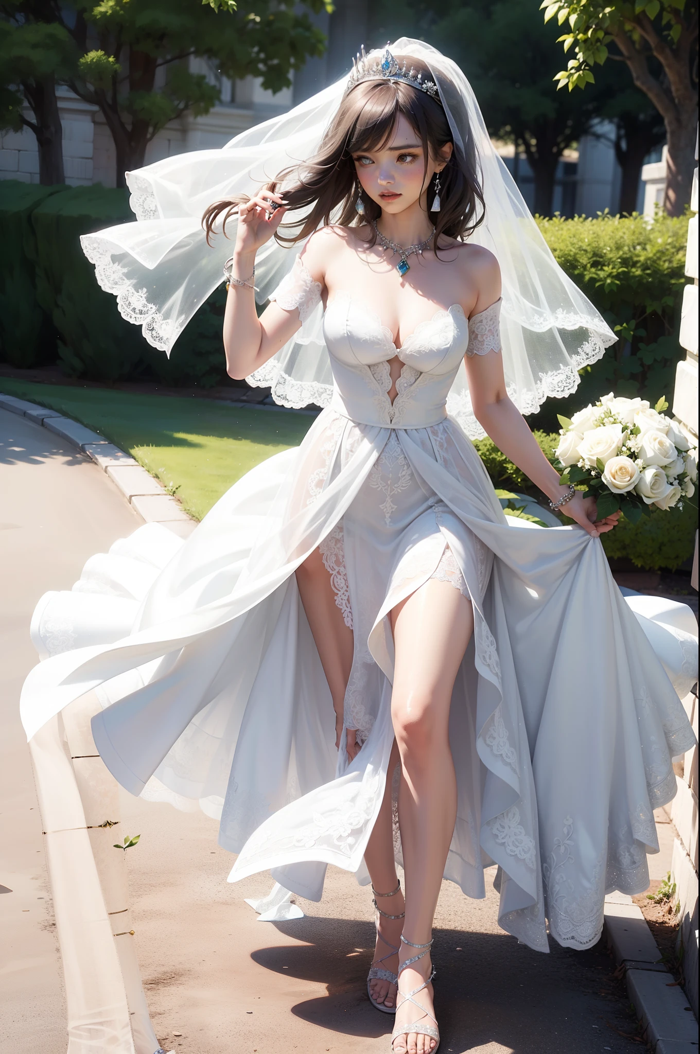 Bride with Boho line wedding dress, fantasy Tinker bells inspired wedding dress. Flower looking loosely floating skirt, flower looking short sleeves, heart neckline, creamy silk and lace. Silver jewelry with emeralds, silver tiara, medium long lace veil. Silver sandals.