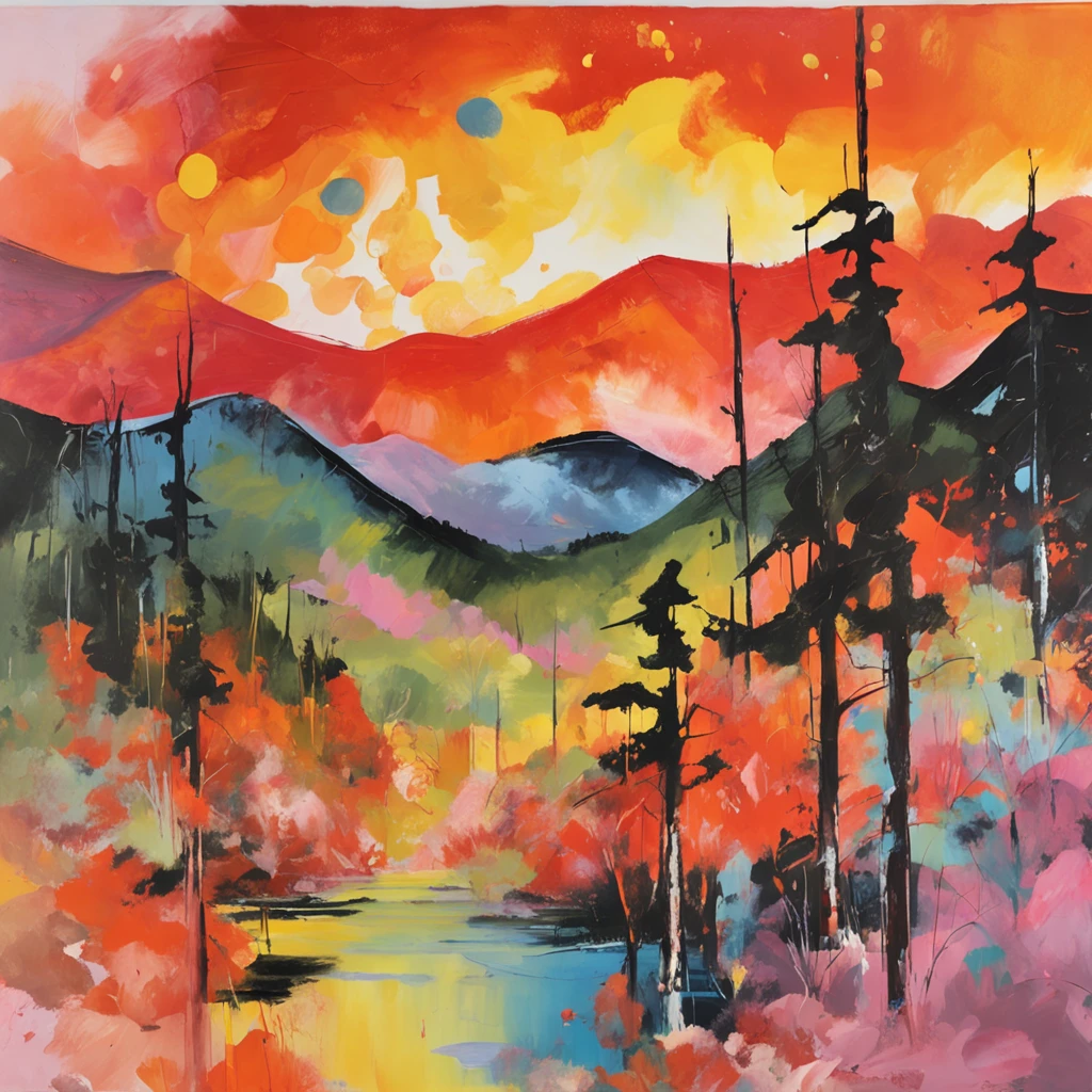 Intricate painting details of Japanese forests, By range Murata, galaxy in background, Clouds, vivd colour, High contrast, Mountain, vector line art, orange highlights, trending in pixiv, anime concept art, Stick, Mattire, high high quality, Edge to edge, Sanskrit