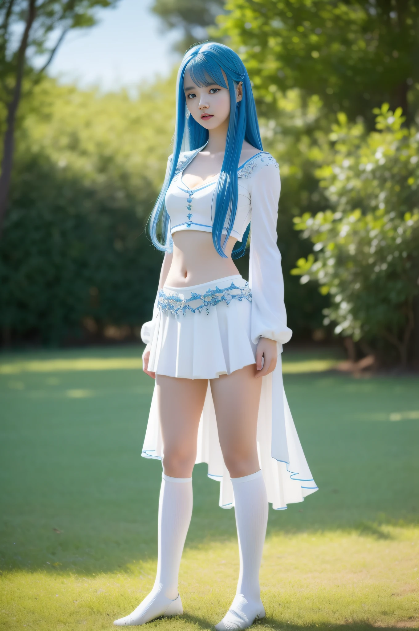"Full body view of 18 years old Kim Chaewon as a young girl in a white revealing fantasy clothes with blue hair. She is standing confidently on a field, with a slight exposure of her midriff and a petite figure. The photo is captured in UHD 4K, exhibiting exquisite details."