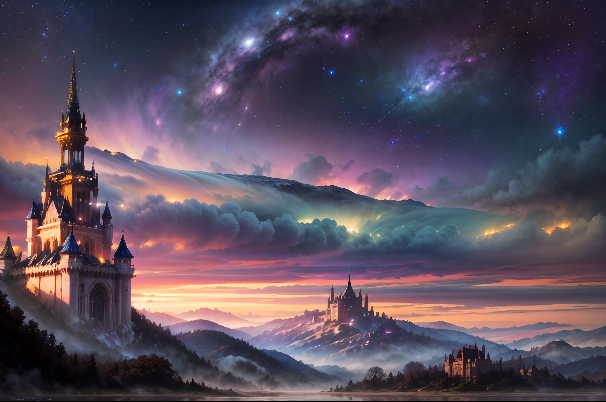 Generate a realistic fantasy landscape with beautiful, ornate romantic buildings, floating islands, crystalline waterfalls streaming from the floating islands, and a dreamy landscape of highly detailed flowers and dreamy watercolors. This is the (((romantic))) realm of the gods. (((The castles look like they are carved from shimmering marble, with distinct and complex details adding to their realism.))) Cotton candy clouds wisp into beautiful glittering stars across the colorful sky, with mesmerizing pink and purple celestial lights creating an enchanting atmosphere. Include many different levels and high visual interest. The environment is large and awe-inspiring, and this is a macro shot. The general ambience is peace, tranquility, and highly detailed sweetness. Include interesting fantasy elements with colors that complement the rest of the landscape. The sky should be very detailed. The landscape should very detailed. All buildings should be ornate with complex and intricate details. Include a luminous and magical atmosphere, magic bubbles, shimmering colors, many small fantasy details including iridescence, expertly created majestic landscapes, and shimmer and glimmer. Include lots of vibrant colors and vaguely surreal details. Camera: Utilize dynamic composition to create interest and excitement. CGI, unreal engine, unity engine, (((masterpiece))), high resolution, 8k, best quality, high quality, highres, 16, RAW, ultra highres, ultra details, finely detail, an extremely delicate and beautiful, extremely detailed, real shadow, anime, highly detailed painted, award-winning glamour painting, wonderful painting, art style, stylized