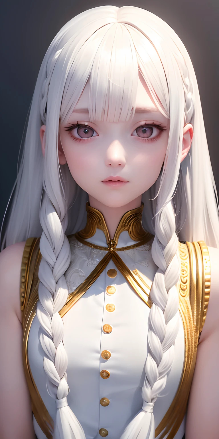 best quality, masterpiece,white hair, gold eyes,white clothes, looking up, upper body,hair strand,Fair skin,side braids