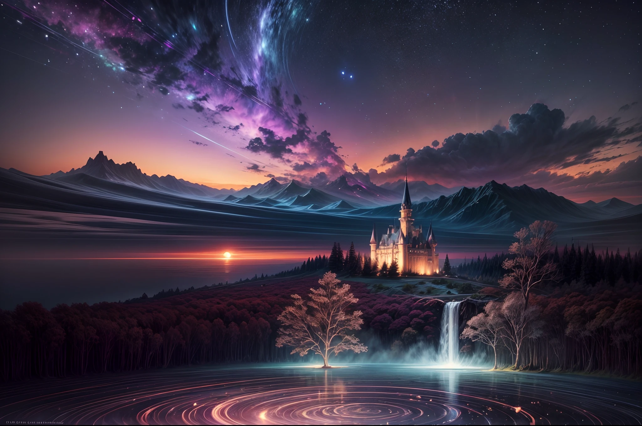 Generate a realistic fantasy landscape with beautiful, ornate romantic buildings, floating islands, crystalline waterfalls streaming from the floating islands, and a dreamy landscape of highly detailed flowers and dreamy watercolors. This is the (((romantic))) realm of the gods. (((The castles look like they are carved from shimmering marble, with distinct and complex details adding to their realism.))) Cotton candy clouds wisp into beautiful glittering stars across the colorful sky, with mesmerizing pink and purple celestial lights creating an enchanting atmosphere. Include many different levels and high visual interest. The environment is large and awe-inspiring, and this is a macro shot. The general ambience is peace, tranquility, and highly detailed sweetness. Include interesting fantasy elements with colors that complement the rest of the landscape. The sky should be very detailed. The landscape should very detailed. All buildings should be ornate with complex and intricate details. Include a luminous and magical atmosphere, magic bubbles, shimmering colors, many small fantasy details including iridescence, expertly created majestic landscapes, and shimmer and glimmer. Include lots of vibrant colors and vaguely surreal details. Camera: Utilize dynamic composition to create interest and excitement. CGI, unreal engine, unity engine, (((masterpiece))), high resolution, 8k, best quality, high quality, highres, 16, RAW, ultra highres, ultra details, finely detail, an extremely delicate and beautiful, extremely detailed, real shadow, anime, highly detailed painted, award-winning glamour painting, wonderful painting, art style, stylized