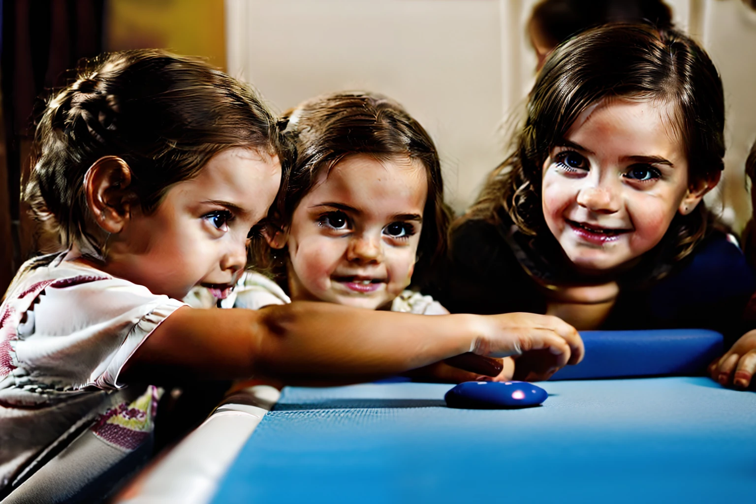Create an image of several children playing with interactive games