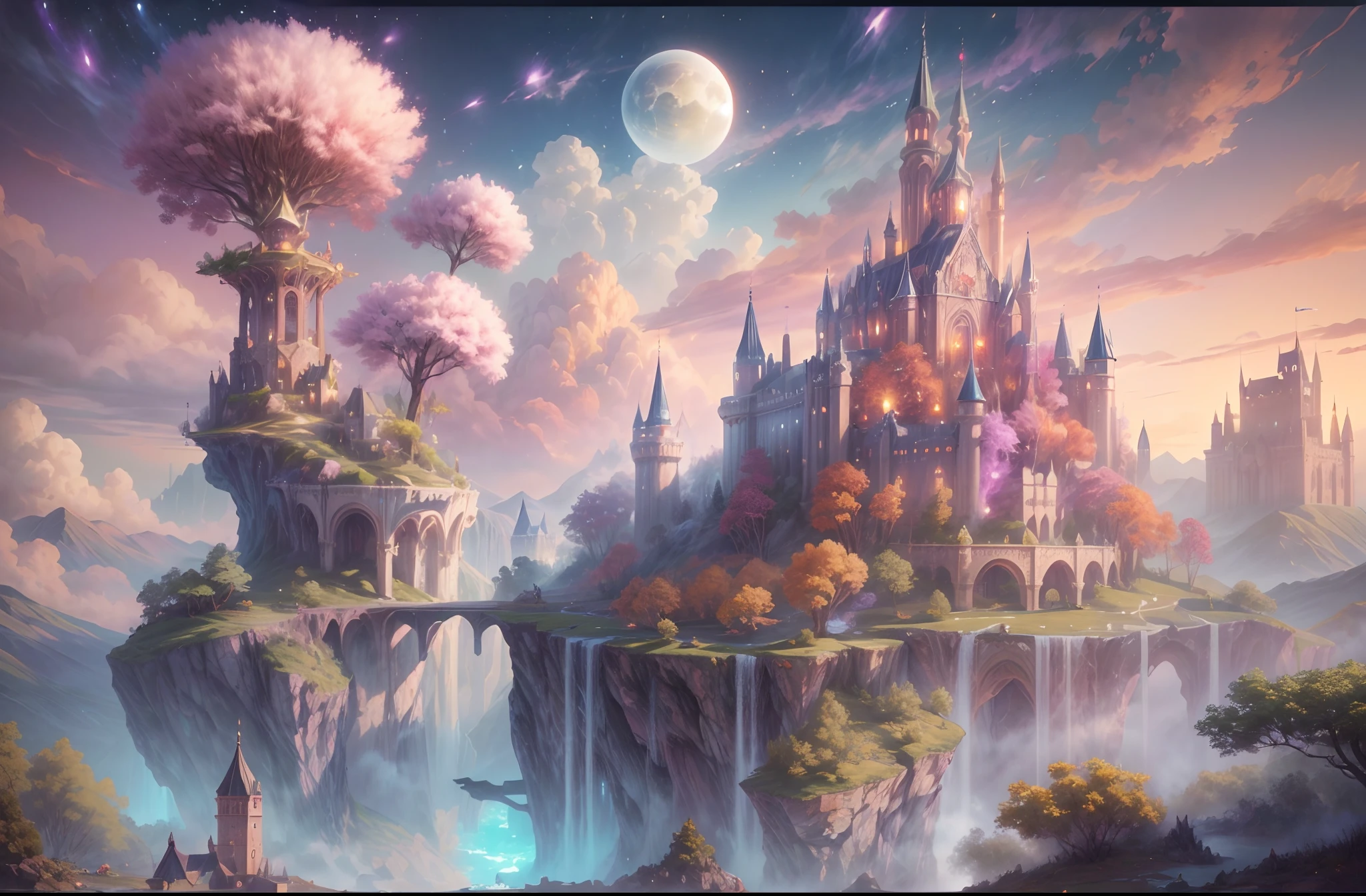 Generate a realistic fantasy landscape with beautiful, ornate romantic buildings, floating islands, crystalline waterfalls streaming from the floating islands, and a dreamy landscape of highly detailed flowers and dreamy watercolors. This is the (((romantic))) realm of the gods. (((The castles look like they are carved from shimmering marble, with distinct and complex details adding to their realism.))) Cotton candy clouds wisp into beautiful glittering stars across the colorful sky, with mesmerizing pink and purple celestial lights creating an enchanting atmosphere. Include many different levels and high visual interest. The environment is large and awe-inspiring, and this is a macro shot. The general ambience is peace, tranquility, and highly detailed sweetness. Include interesting fantasy elements with colors that complement the rest of the landscape. The sky should be very detailed. The landscape should very detailed. All buildings should be ornate with complex and intricate details. Include a luminous and magical atmosphere, magic bubbles, shimmering colors, many small fantasy details including iridescence, expertly created majestic landscapes, and shimmer and glimmer. Include lots of vibrant colors and vaguely surreal details. Camera: Utilize dynamic composition to create interest and excitement. CGI, unreal engine, unity engine, (((masterpiece))), high resolution, 8k, best quality, high quality, highres, 16, RAW, ultra highres, ultra details, finely detail, an extremely delicate and beautiful, extremely detailed, real shadow, anime, highly detailed painted, award-winning glamour painting, wonderful painting, art style, stylized