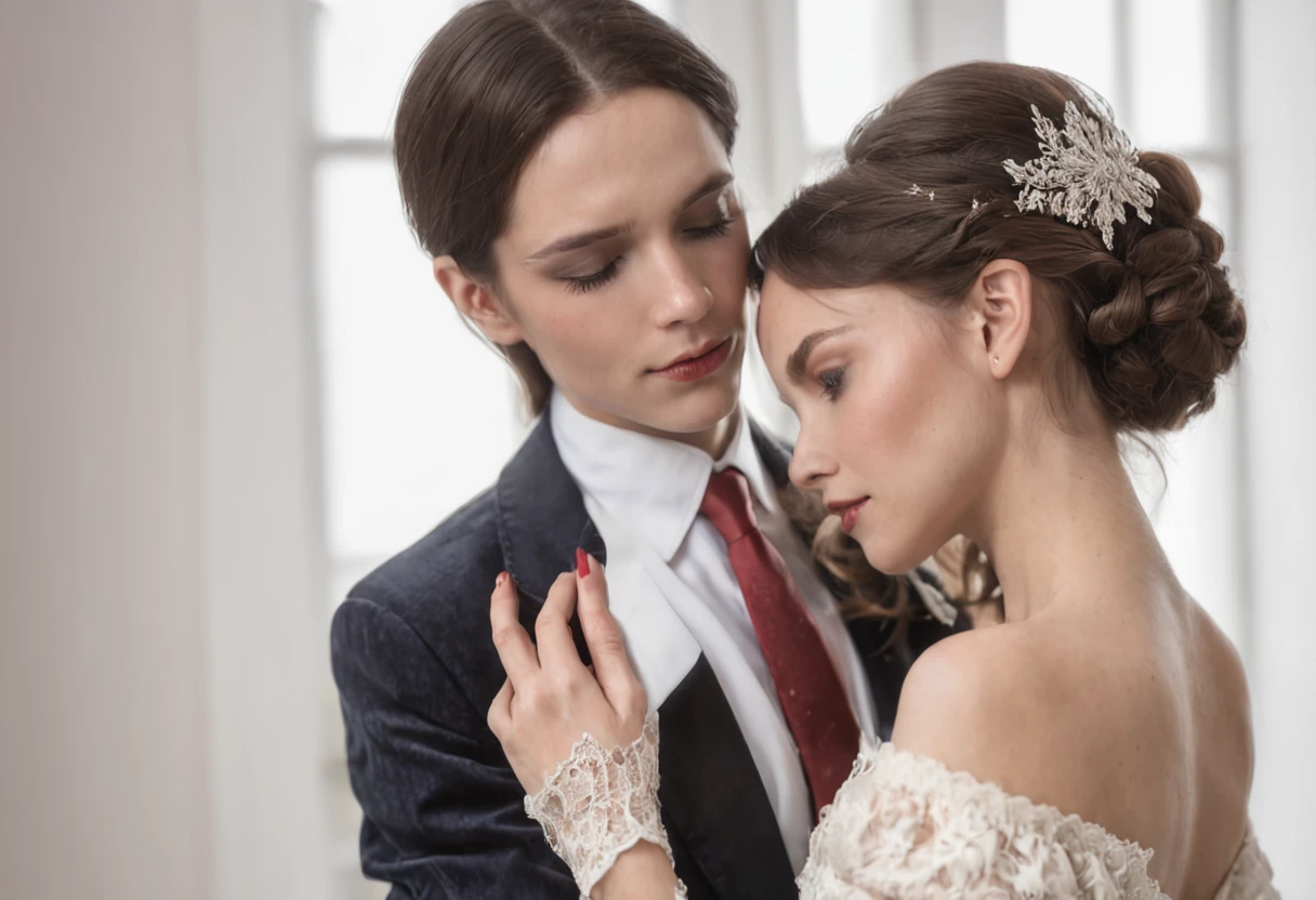 ((obras maestras)), mejor calidad, outstanding illustration, (((A couple seeing each other))), enfoque suave, (((1 chico de cabello negro corto))) (((ojos azules))) (((ropa de mago oscuro))), (((1 chica de (((Pelo rojo))) largo rizado))) (((ojos dorados))) (((vestido de novia BLANCO elaborado y hermoso))), Ropa victoriana, Victorian and magical romanticism, ambiente opulento y exquisito, Soft light and warm lighting.
