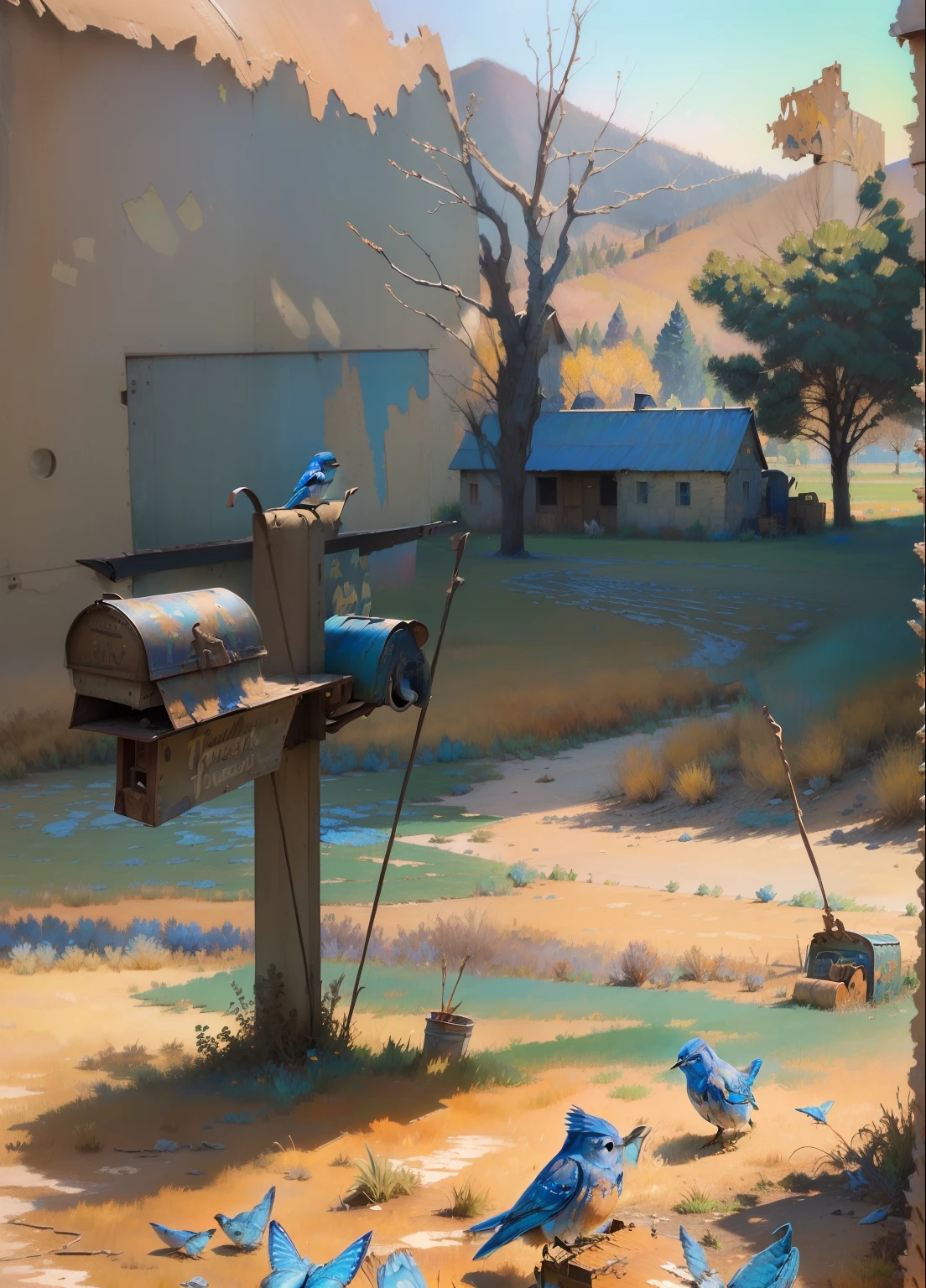 (((western bluebird painted on))) an old rusty mailbox in ((((impressionistic Trompe l'oeil art style)))), long shot, in a dry abandoned field of old farm house, the bluebird is painted in impressionistic Trompe l'oeil style, 24k resolution, hyperdetailed, photorealistic artistry, mailbox is laying on the ground discarded,