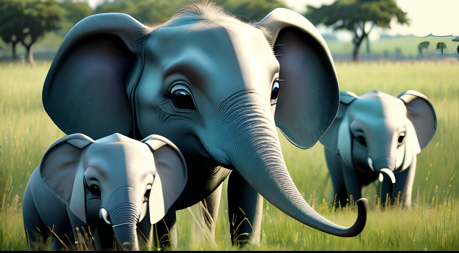 There are several elephants that are smiling for the camera in a field of grass, painting digital adorable, bonito 3 d render, arte digital detalhada bonito, renderizado em keyshot, personagem pixar bonito, design de personagem bonito pixar, pequenino, super detailed rendering, smooth 3d CG rendering, toon render keyshot, colored zbrush render, pixar renderman render, stylized as a 3d rendering