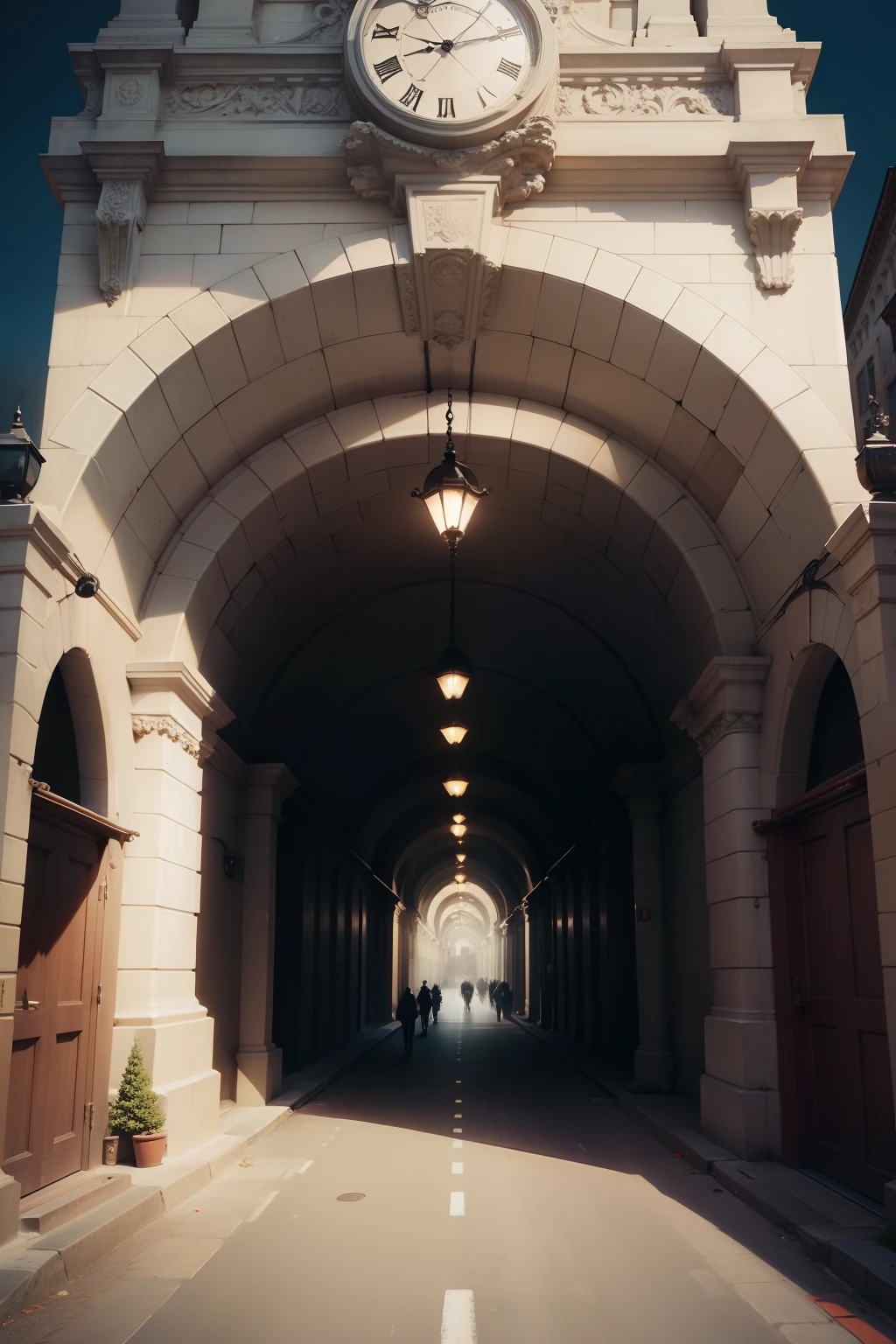 Tunnel entrance surrounded by many clocks