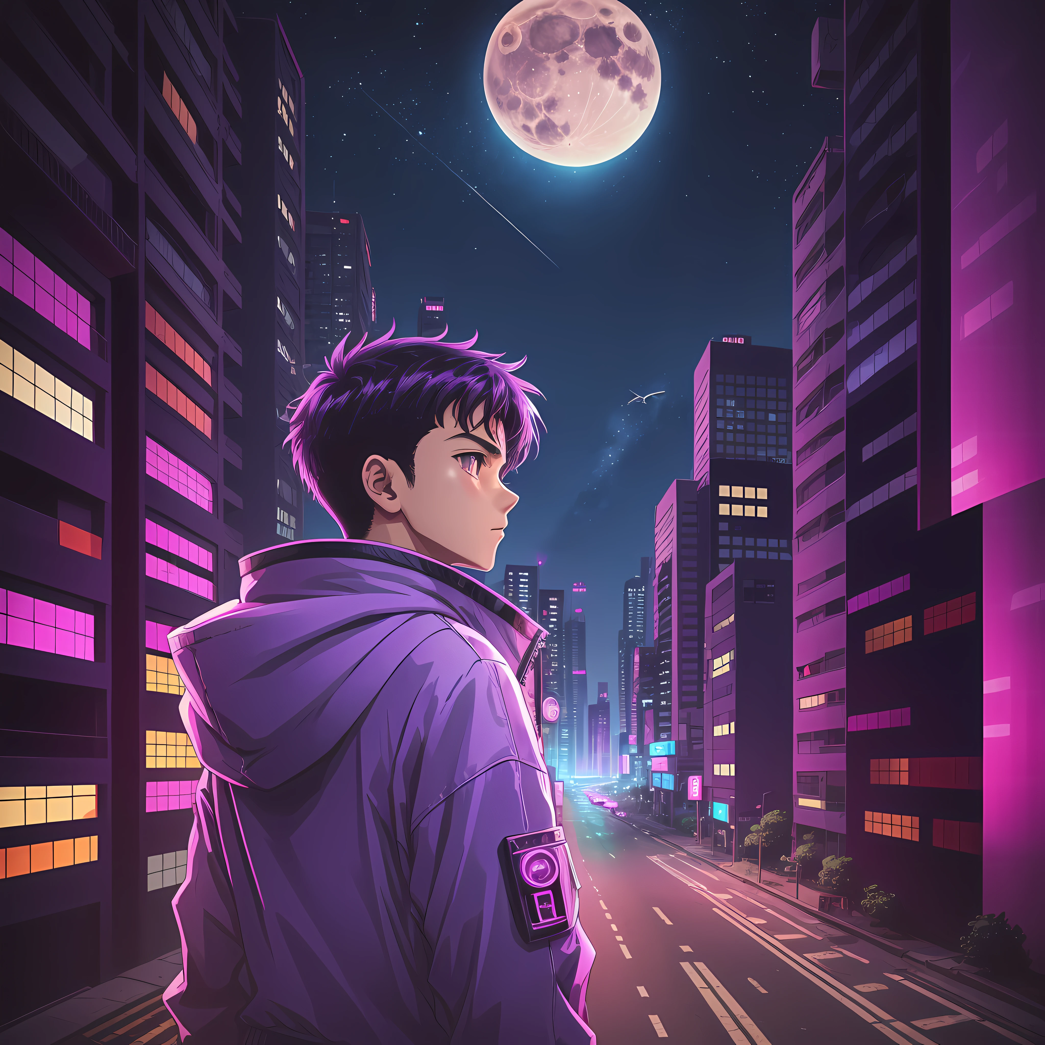 90s anime style, icon, cyberpunk, purple sky, holographic billboard, focus city, wide shot, (bright moon: 1.1), godray, old traditional cyberpunk japanese house, (economic disparity: 1.0), air pollution, (birds fly towards the moon: 0.5), boy in jacket, skyscraper on distant background, precise shadow --auto --s2