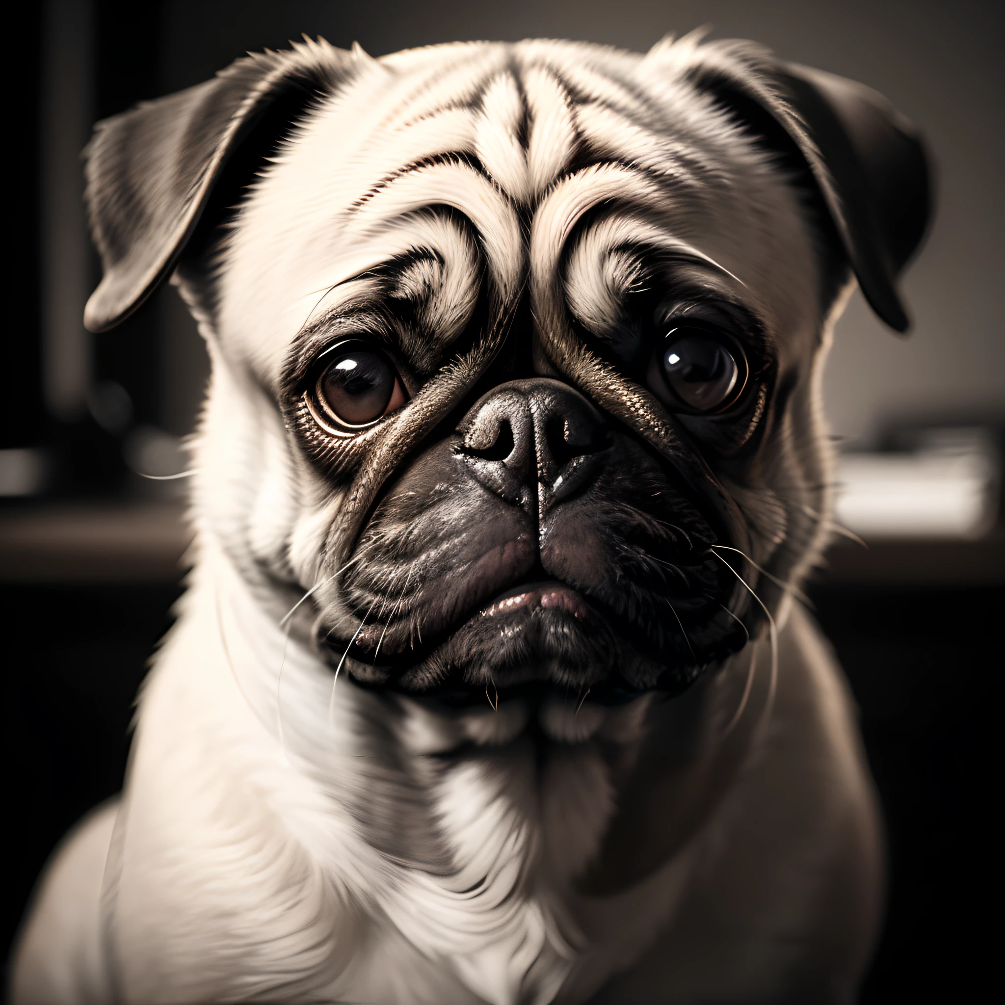 Anthropomorphic pug dog, Lightroom, Cinematic, HDR, Raw, Intricate, hiquality, soft tones, intricate details, low contrast