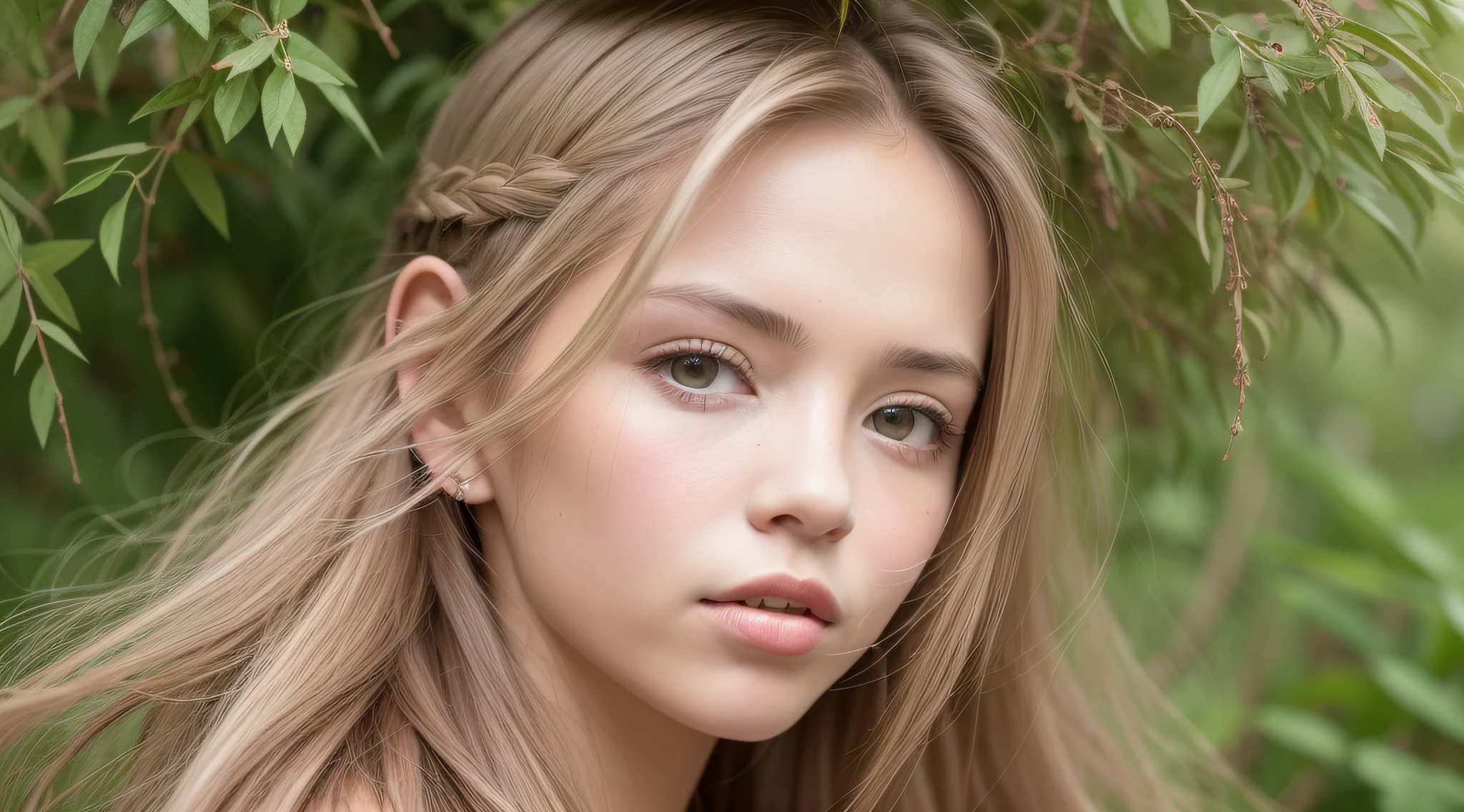 menina blondie ANGEL na floresta, long hair braids. INDIOS.