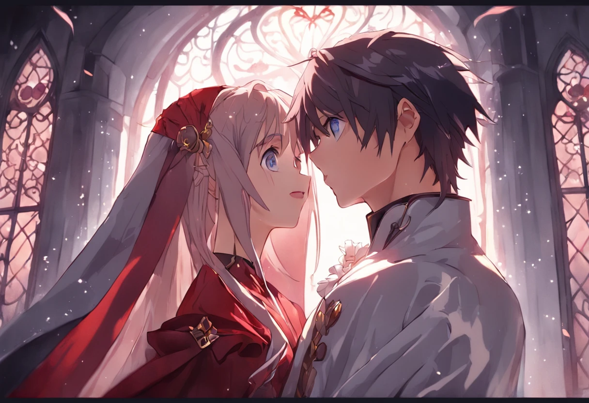 ((obras maestras)), mejor calidad, outstanding illustration, (((A couple seeing each other))), enfoque suave, (((1 chico de cabello negro corto))) (((ojos azules))) (((ropa de mago oscuro))), (((1 chica de (((Pelo rojo))) largo rizado))) (((ojos dorados))) (((vestido de novia BLANCO elaborado y hermoso))), Ropa victoriana, Victorian and magical romanticism, ambiente opulento y exquisito, Soft light and warm lighting.