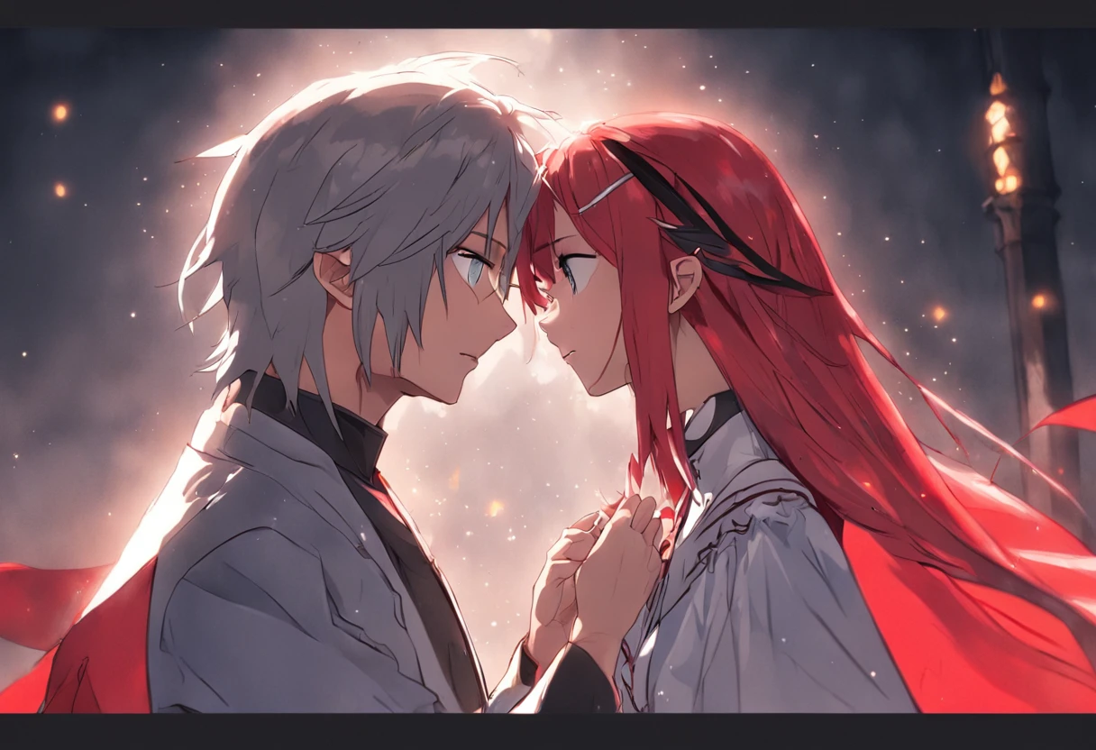 ((obras maestras)), mejor calidad, outstanding illustration, (((A couple seeing each other))), enfoque suave, (((1 chico de cabello negro corto))) (((ojos azules))) (((ropa de mago oscuro))), (((1 chica de (((Pelo rojo))) largo rizado))) (((ojos dorados))) (((vestido de novia BLANCO elaborado y hermoso))), Ropa victoriana, Victorian and magical romanticism, ambiente opulento y exquisito, Soft light and warm lighting.