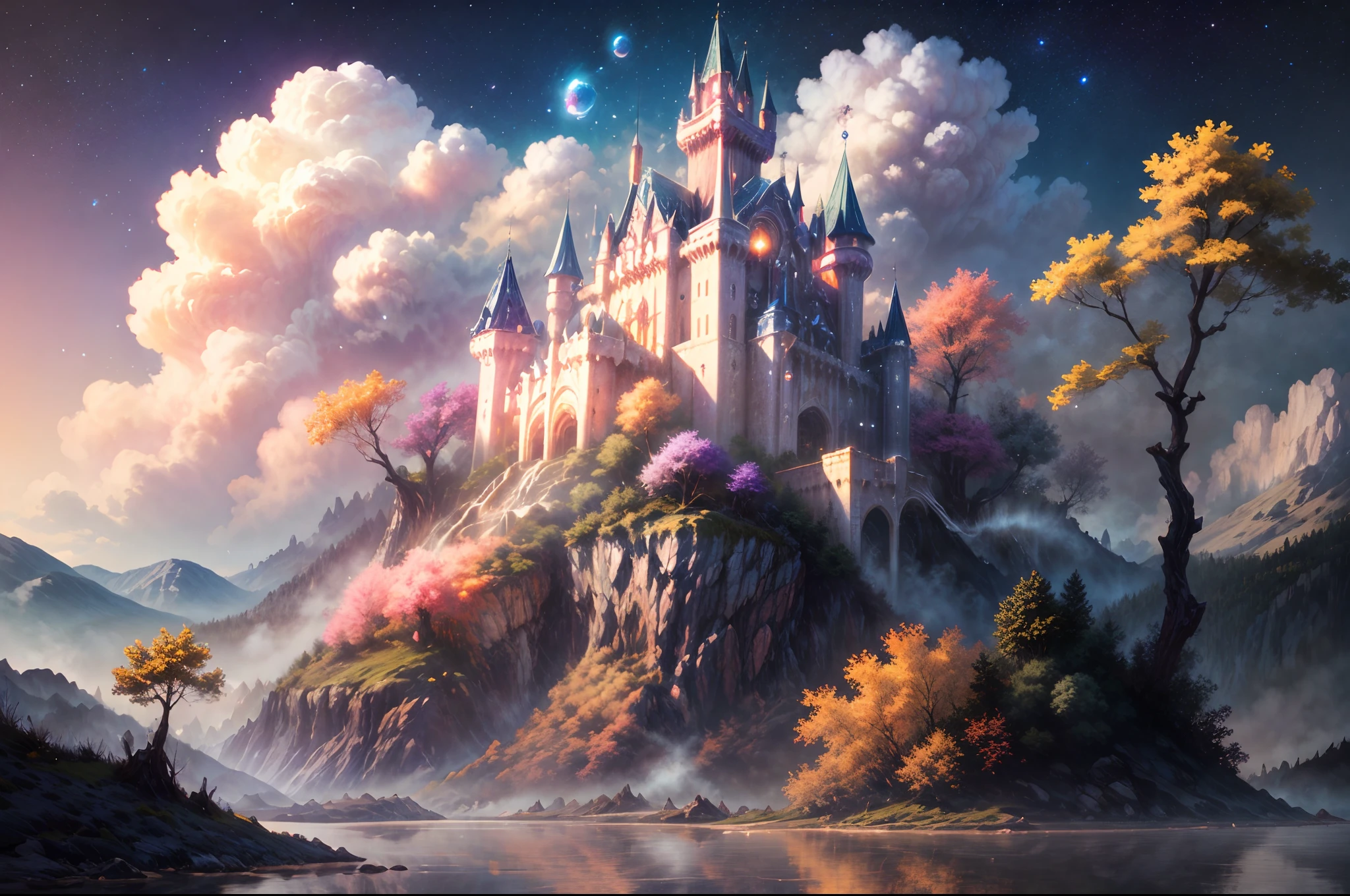 Generate a realistic fantasy landscape with beautiful, ornate romantic buildings, floating islands, crystalline waterfalls streaming from the floating islands, and a dreamy landscape of highly detailed flowers and dreamy watercolors. This is the (((romantic))) realm of the gods. (((The castles look like they are carved from shimmering marble, with distinct and complex details adding to their realism.))) Cotton candy clouds wisp into beautiful glittering stars across the colorful sky, with mesmerizing pink and purple celestial lights creating an enchanting atmosphere. Include many different levels and high visual interest. The environment is large and awe-inspiring, and this is a macro shot. The general ambience is peace, tranquility, and highly detailed sweetness. Include interesting fantasy elements with colors that complement the rest of the landscape. The sky should be very detailed. The landscape should very detailed. All buildings should be ornate with complex and intricate details. Include a luminous and magical atmosphere, magic bubbles, shimmering colors, many small fantasy details including iridescence, expertly created majestic landscapes, and shimmer and glimmer. Include lots of vibrant colors and vaguely surreal details. Camera: Utilize dynamic composition to create interest and excitement. CGI, unreal engine, unity engine, (((masterpiece))), high resolution, 8k, best quality, high quality, highres, 16, RAW, ultra highres, ultra details, finely detail, an extremely delicate and beautiful, extremely detailed, real shadow, anime, highly detailed painted, award-winning glamour painting, wonderful painting, art style, stylized