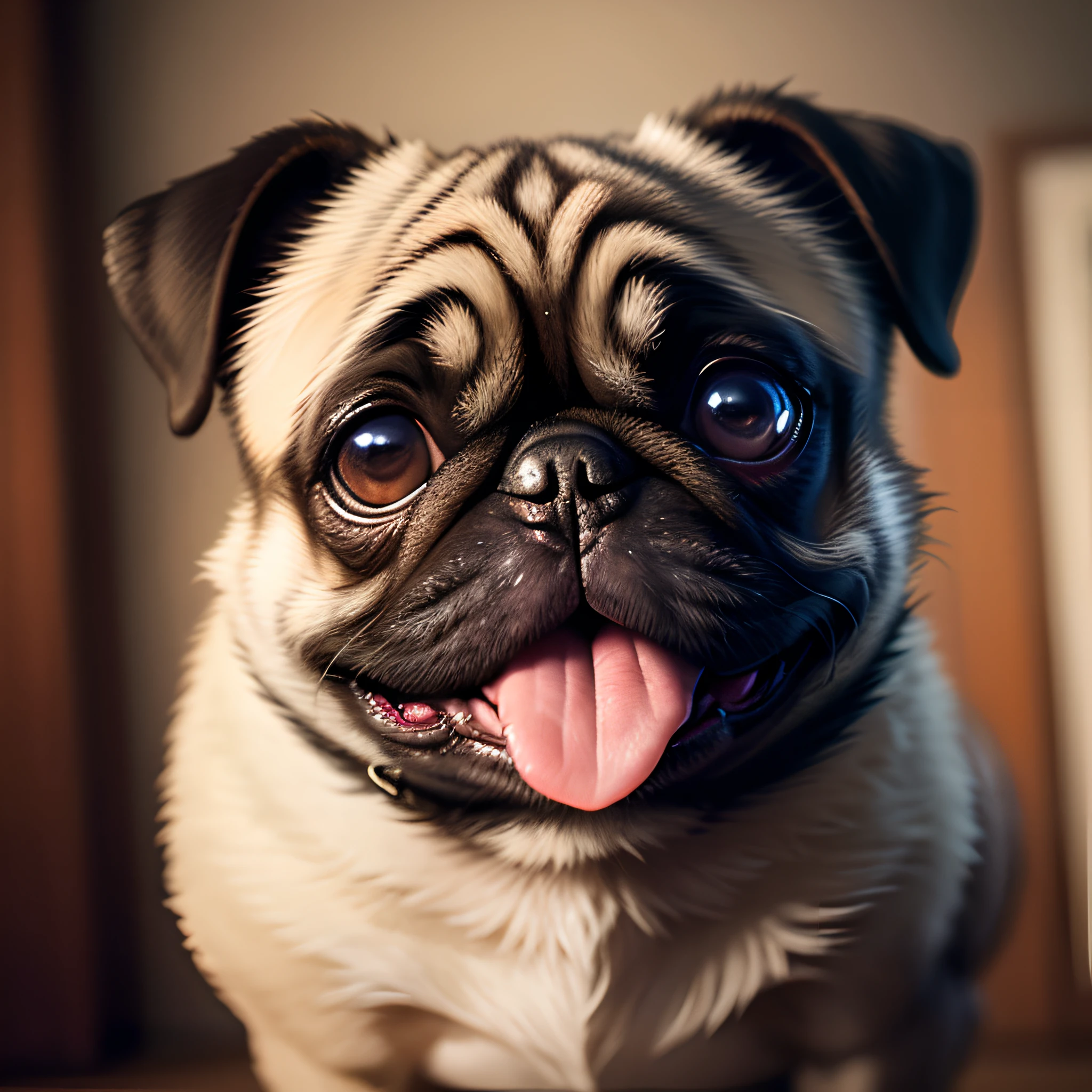 Anthropomorphic pug dog, Lightroom, Cinematic, HDR, Raw, Intricate, hiquality, stick out their tongue,soft tones, intricate details, low contrast