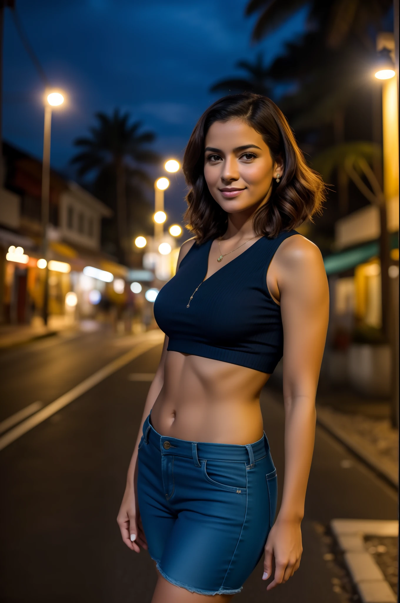 Uma foto de retrato de perto de 30 y.o mulher em roupas de passeio, ruivo, average haircut, pele rosada, corpo exuberante, background is a night town with spotlight lights, (pele detalhada alta: 1.2), 8k uhd, dslr, soft-lighting, alta qualidade,