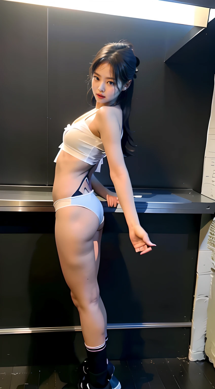 (8K、Raw photography、top-quality、masterpiece:1.2)、(Anatomically correct body、realisitic、Photorealsitic:1.37)、ultra-detailliert、(((Low Angle Full Body Shot)))、realistic eyes and face details、realistic skin textures、natural skin textures、Fair skin、A detailed face、真实感、Realistic background、Realistic lighting、Hallyu idol、T back、Supermodel body type、profetional lighting、darkened room、(Forward leaning position、Small buttocks、skinny thigh、Curvaceous、posterior view、Sweaty lower body)