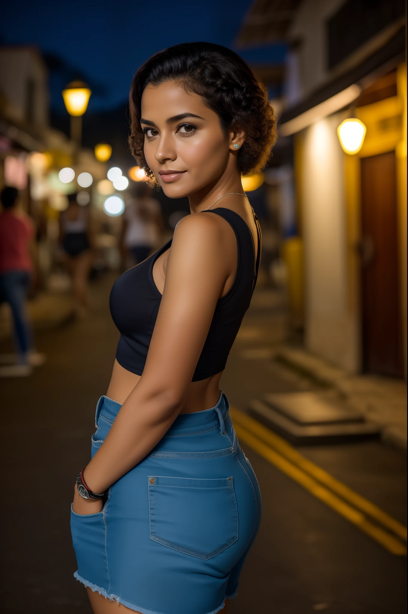 Uma foto de retrato de perto de 30 y.o mulher em roupas de passeio, ruivo, average haircut, pele rosada, corpo exuberante, background is a night town with spotlight lights, (pele detalhada alta: 1.2), 8k uhd, dslr, soft-lighting, alta qualidade,