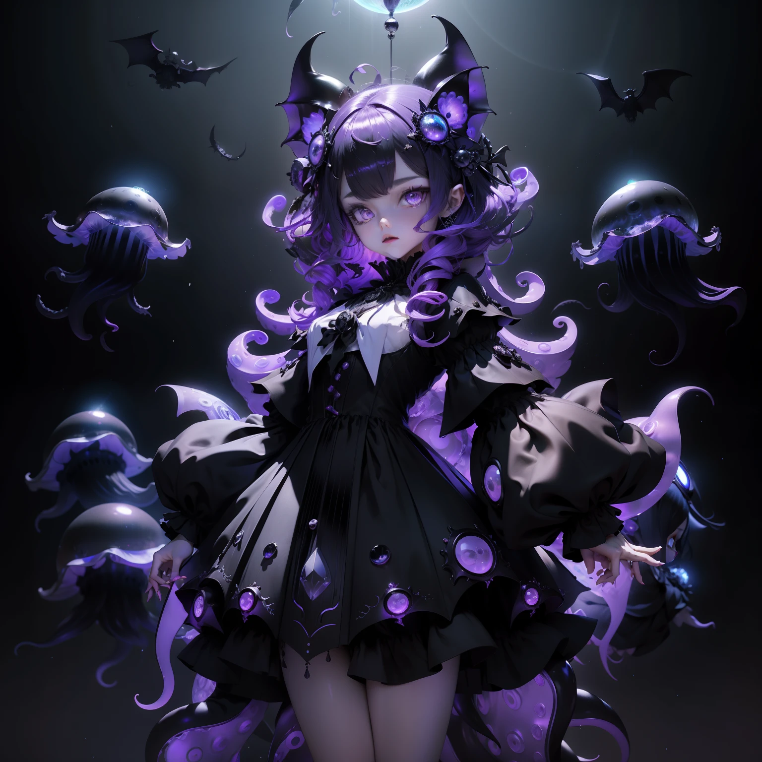 Vampire Squid Girl, black gothic ****ta dress, capes, Purple luminous orb on dress, Jellyfish in a skirt, Bat design of the dress, Countless black jellyfish float, Jellyfish with bat wings, Tentacles from the skirt, One big black jellyfish overhead, nigh sky, fullmoon, Cat ear hair ornament on her head, Two shiny balls hair ornament on her head, Armor Ring,