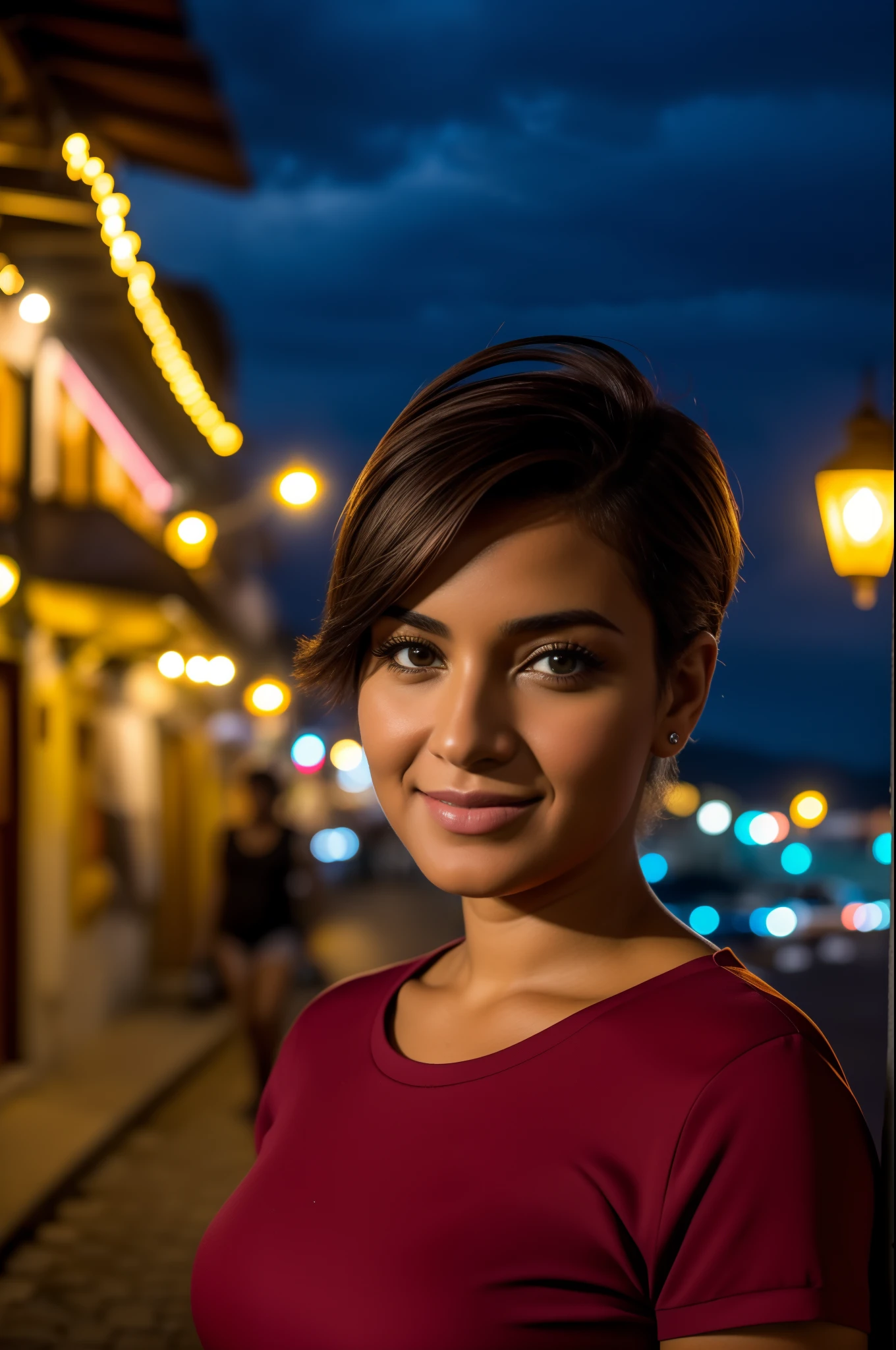 Uma foto de retrato de perto de 30 y.o mulher em roupas de passeio, ruivo, average haircut, pele rosada, corpo exuberante, background is a night town with spotlight lights, (pele detalhada alta: 1.2), 8k uhd, dslr, soft-lighting, alta qualidade,