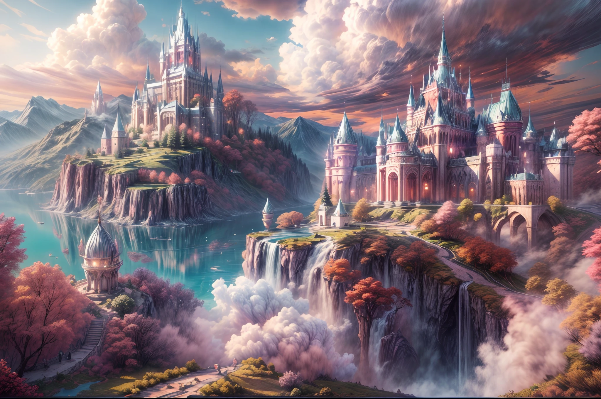 Generate a realistic fantasy landscape with beautiful, ornate romantic buildings, floating islands, crystalline waterfalls streaming from the floating islands, and a dreamy landscape of highly detailed flowers and dreamy watercolors. This is the (((romantic))) realm of the gods. (((The castles look like they are carved from shimmering marble, with distinct and complex details adding to their realism.))) Cotton candy clouds wisp into beautiful glittering stars across the colorful sky, with mesmerizing pink and purple celestial lights creating an enchanting atmosphere. Include many different levels and high visual interest. The environment is large and awe-inspiring, and this is a macro shot. The general ambience is peace, tranquility, and highly detailed sweetness. Include interesting fantasy elements with colors that complement the rest of the landscape. The sky should be very detailed. The landscape should very detailed. All buildings should be ornate with complex and intricate details. Include a luminous and magical atmosphere, magic bubbles, shimmering colors, many small fantasy details including iridescence, expertly created majestic landscapes, and shimmer and glimmer. Include lots of vibrant colors and vaguely surreal details. Camera: Utilize dynamic composition to create interest and excitement. CGI, unreal engine, unity engine, (((masterpiece))), high resolution, 8k, best quality, high quality, highres, 16, RAW, ultra highres, ultra details, finely detail, an extremely delicate and beautiful, extremely detailed, real shadow, anime, highly detailed painted, award-winning glamour painting, wonderful painting, art style, stylized