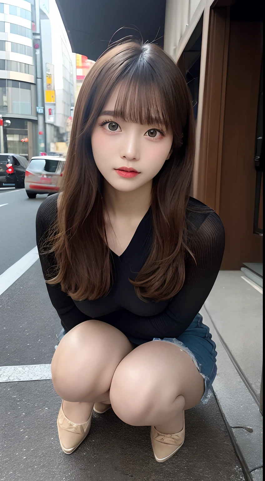 finely detail, hight resolution, hightquality、Perfect dynamic composition, Beautiful detailed eyes, Medium Hair, huge tit 、Natural Color Lip, squatting,Kamimei、Shibuya、college aged