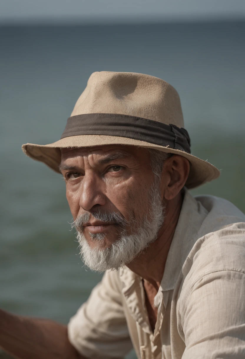 Velho Pescador, Professional Color Grading, sombras suaves, sem contraste, clean sharp focus, cinematic movie photograph