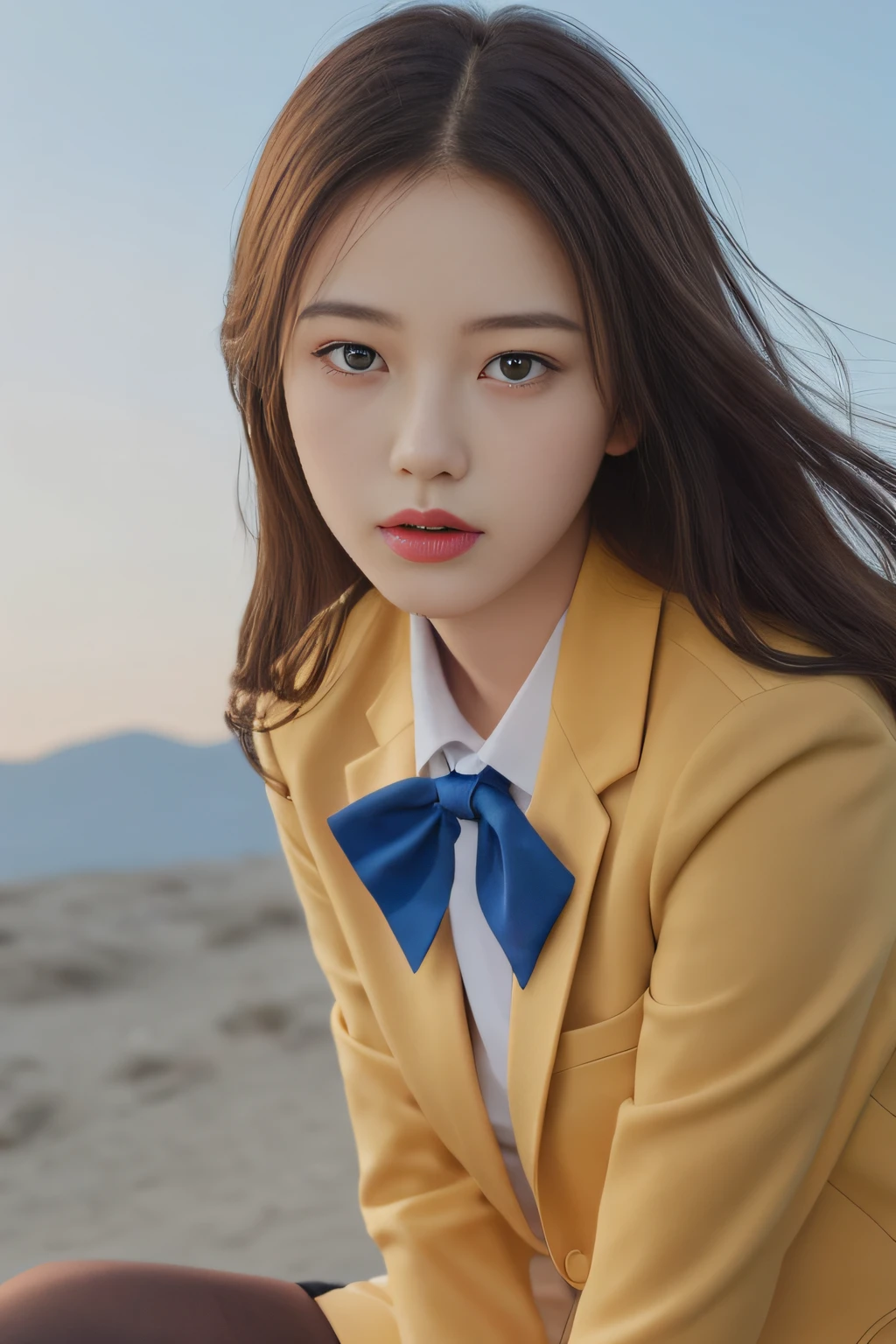 detailed and realistic portrait of a girl with a clean face), (round eyes and long flutters hair shot outside),staring at camera,magical photography, with dramatic lighting, photo realism, Ultra-detailed, intimate portrait composition, (centered image composition),(close up shot:1.6),Best Quality,f/1. 8, 85mm, (18-year-old Asian female), black_heads,(black_eyes:1.2),(bangss),makeups,white_one-piece, (hazy blue_sky_Background with), ((full body shooting)), (Yellow Blazer, bows, Sneakers, Black stockings, High School Uniform: 1.2, )