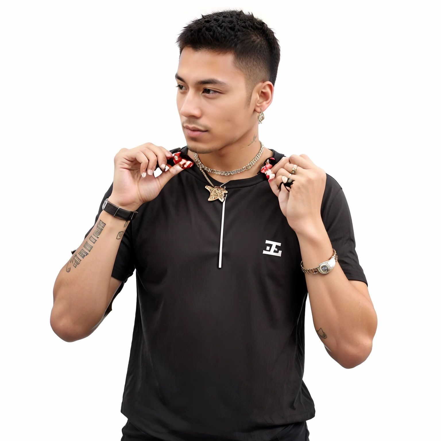 Man with a chain around his neck and a necklace, joias do rapper bling, Directed by: Milton Menasco, joias rapper, Directed by: Samuel Silva, inspirado em Randy Vargas, neck chains, por Julius como se, usando uma corrente, bonito hip hop jovem negro, imagem oficial do produto, Directed by: Alexander Fedosav, Usando tatuagens shipibo