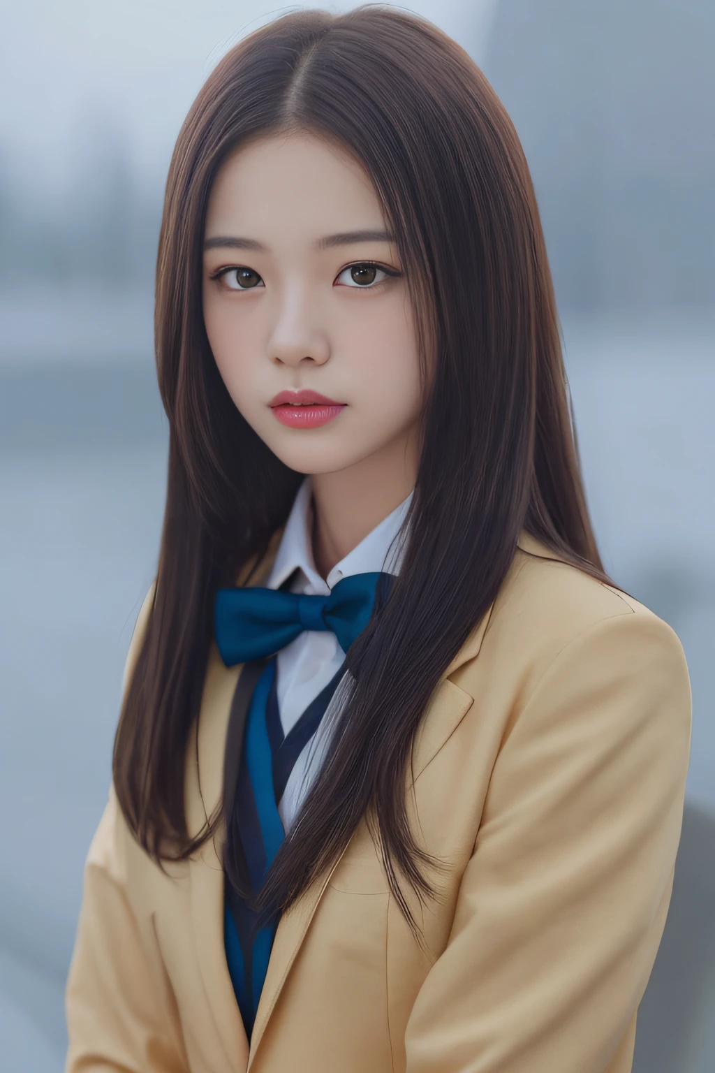 detailed and realistic portrait of a girl with a clean face), (round eyes and long flutters hair shot outside),staring at camera,magical photography, with dramatic lighting, photo realism, Ultra-detailed, intimate portrait composition, (centered image composition),(close up shot:1.6),Best Quality,f/1. 8, 85mm, (18-year-old Asian female), black_heads,(black_eyes:1.2),(bangss),makeups,white_one-piece, (hazy blue_sky_Background with), ((full body shooting)), (Yellow Blazer, bows, Sneakers, Black stockings, High School Uniform: 1.2, )