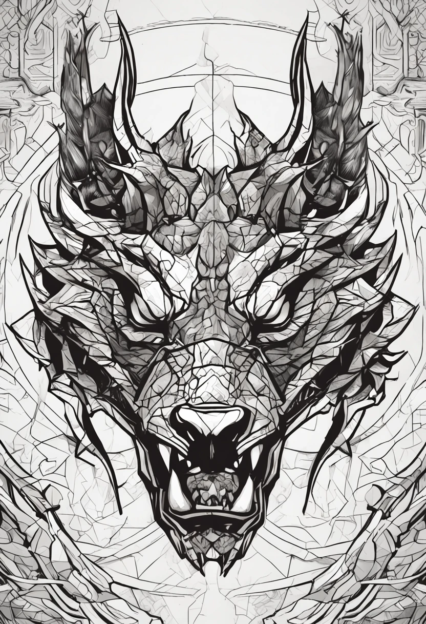Geometric dragon with Psi sign on the forehead, with a serious and fierce expression in black and white realistic style