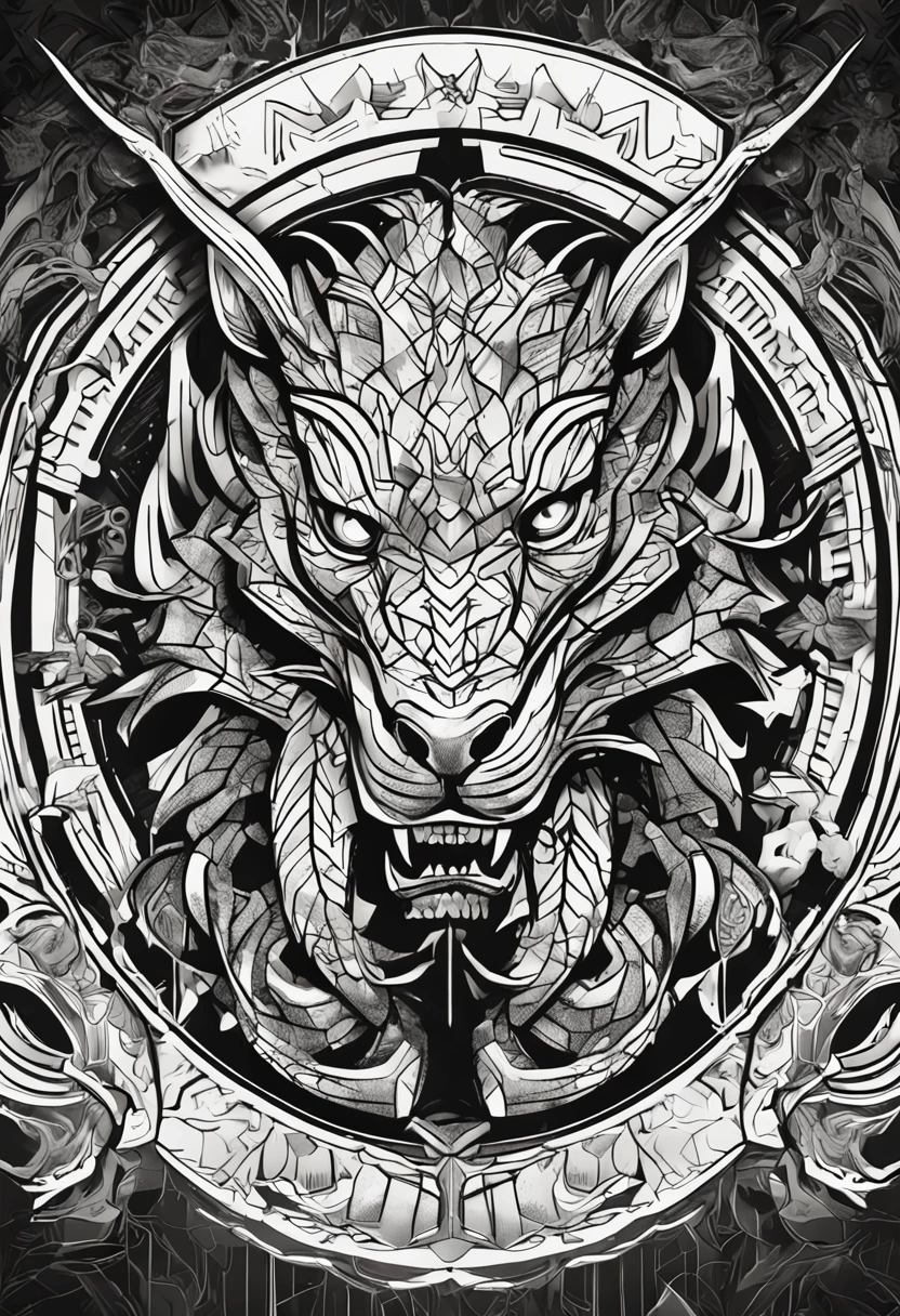 Geometric dragon with Psi sign on the forehead, with a serious and fierce expression in black and white realistic style