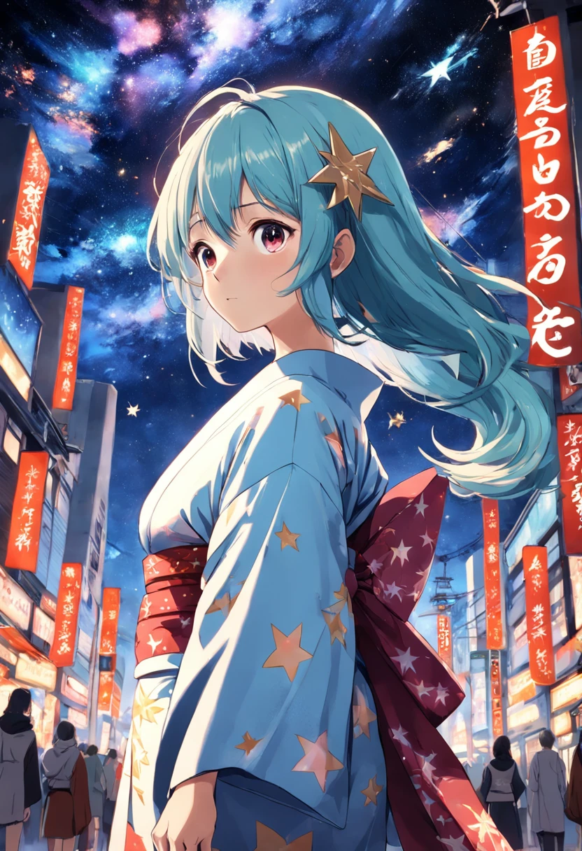 mujer estilo anime en un kimono mirando las estrellas
