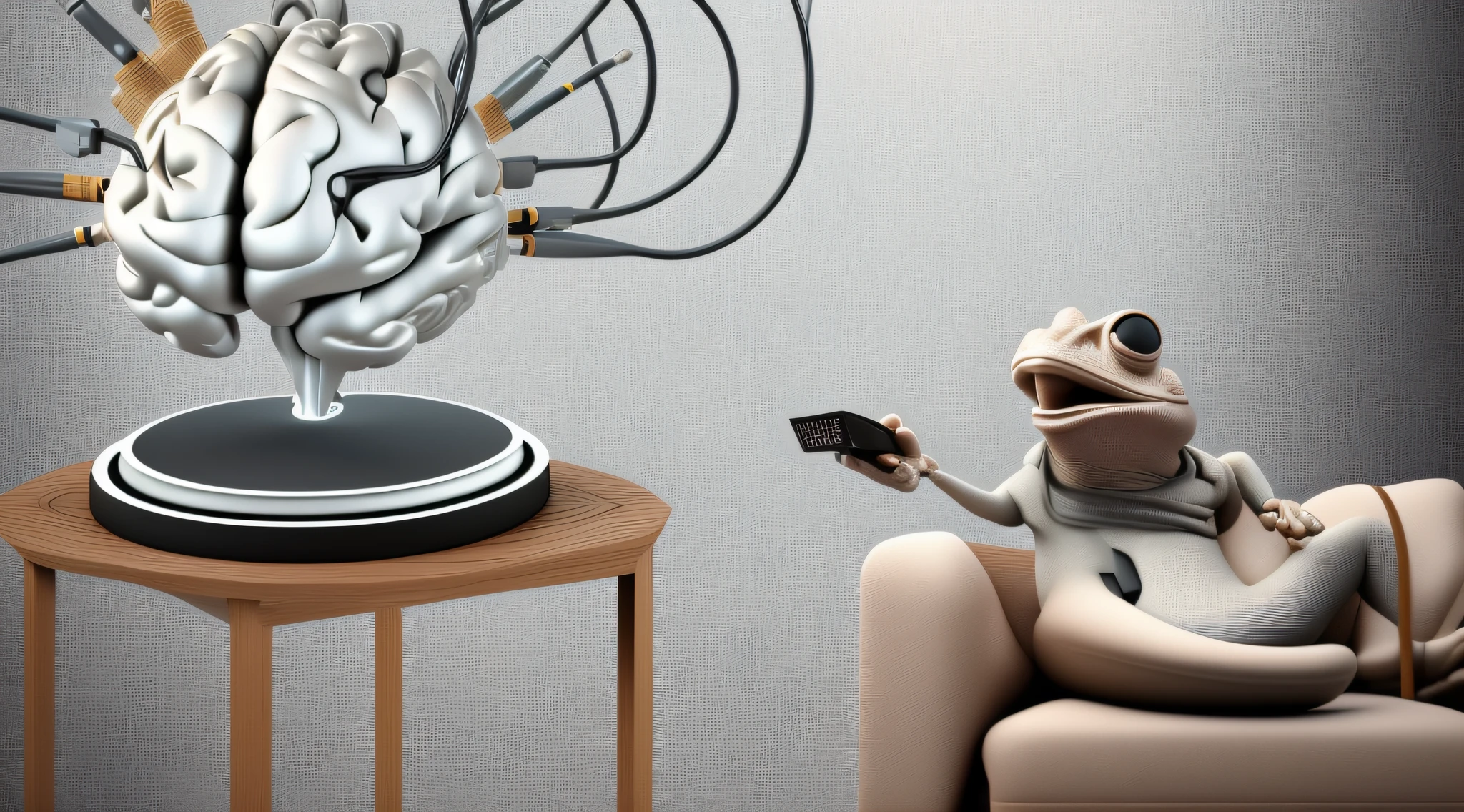 There is a frog sitting in a chair with a remote control, mechanical frog, trending on mentalray, toad philosopher the thinker, 3 d illustration, 3 d illustration, ((((octan render, artistic rendering, electronic brain, Premiado. octan render, art render, digital art render, video still, AI produzindo o realista, sapo cyberpunk, 3 d artistic render, neuroscience
