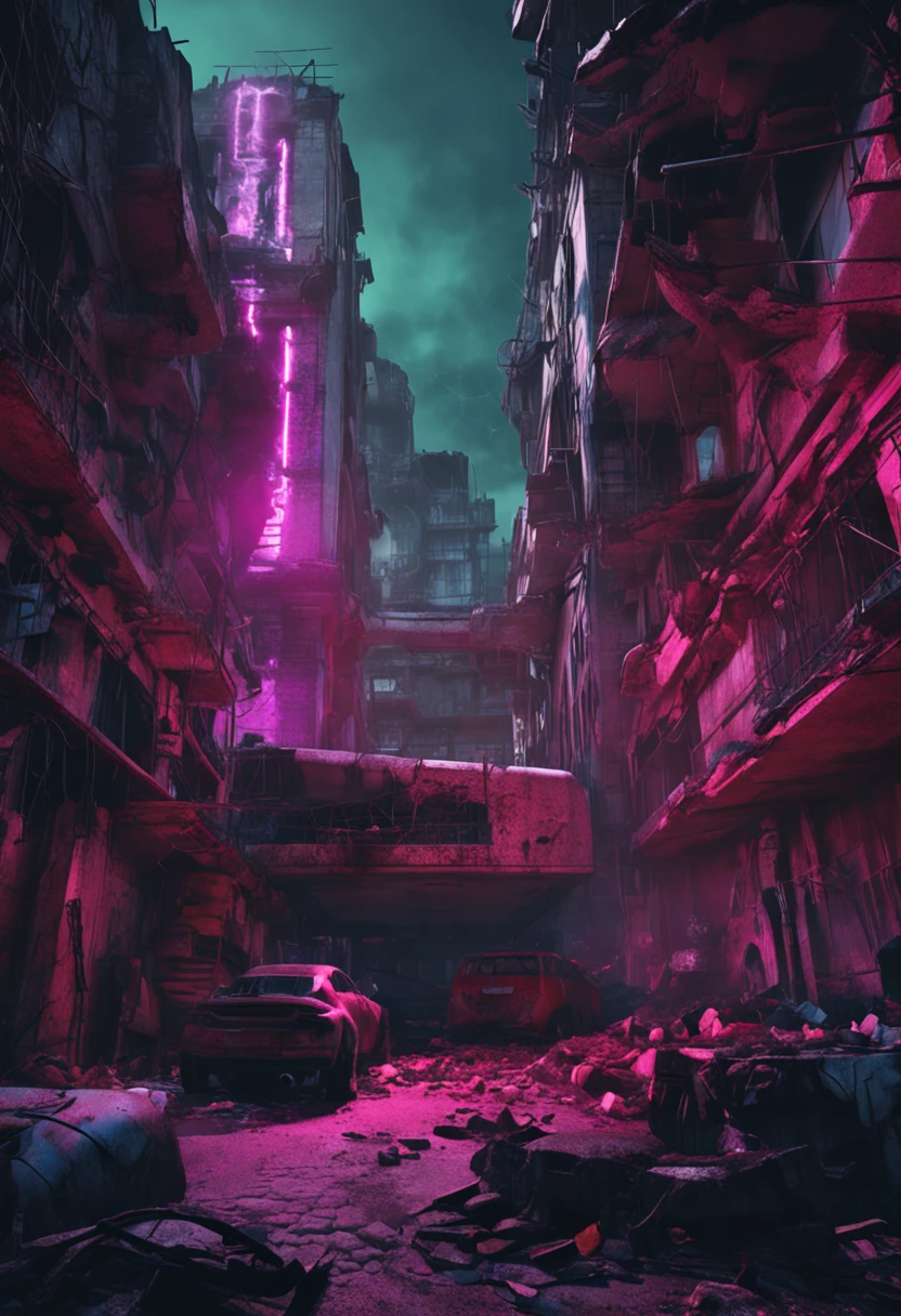 A ruined city with darkpunk style, cyberpunk