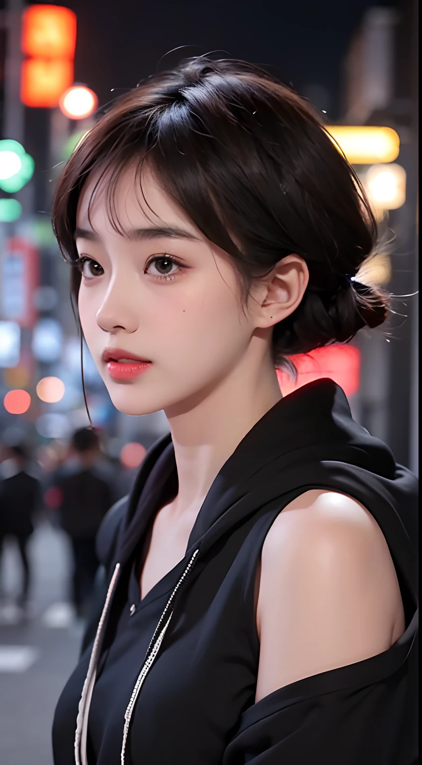 1girll, Tokyo Street,Night, Cityscape,City lights, Upper body,Close-up, 8K, RAW photo, Best quality, Masterpiece,Realistic, photo-realistic, Hoodie, full bodyesbian, Short hair, bangs, all in black
