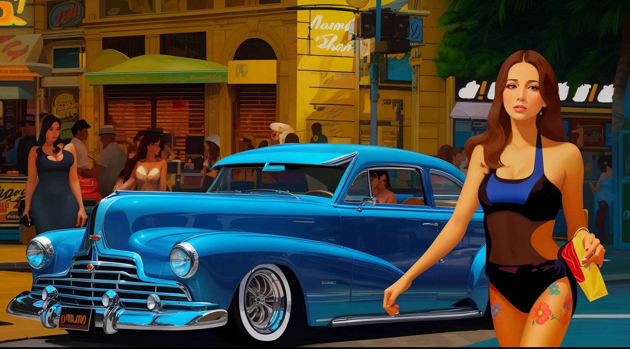 painting of a woman in a bikini walking past a classic car, in style of digital illustration, stylized digital illustration, in style of digital painting, posterized color, standing in front of lowrider, retro illustration, retro coloring, style digital painting, nostalgic high saturation, digital art. @mariomaniacdude, digital illustration -, digital art of an elegant