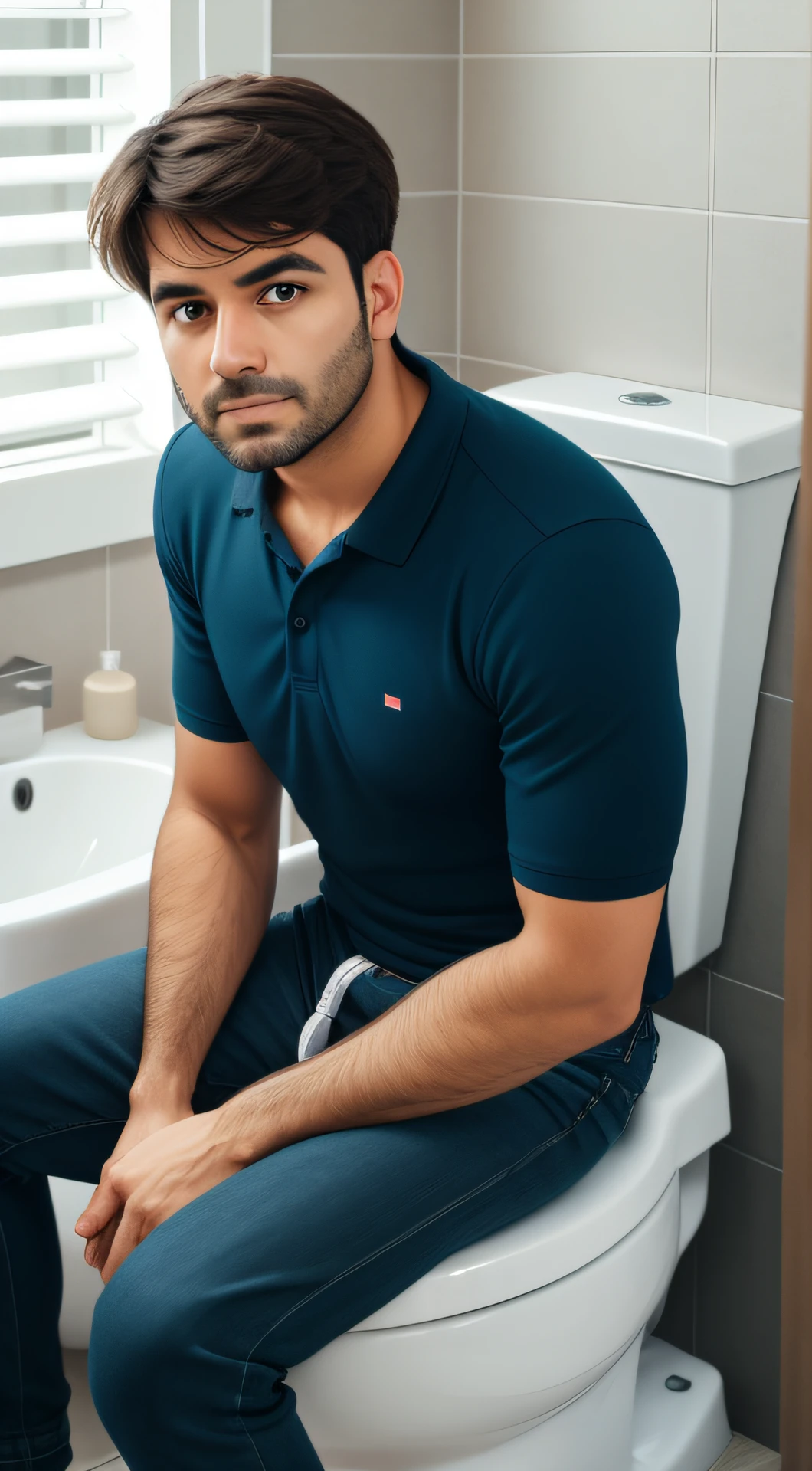 Man looking at the camera using the toilet