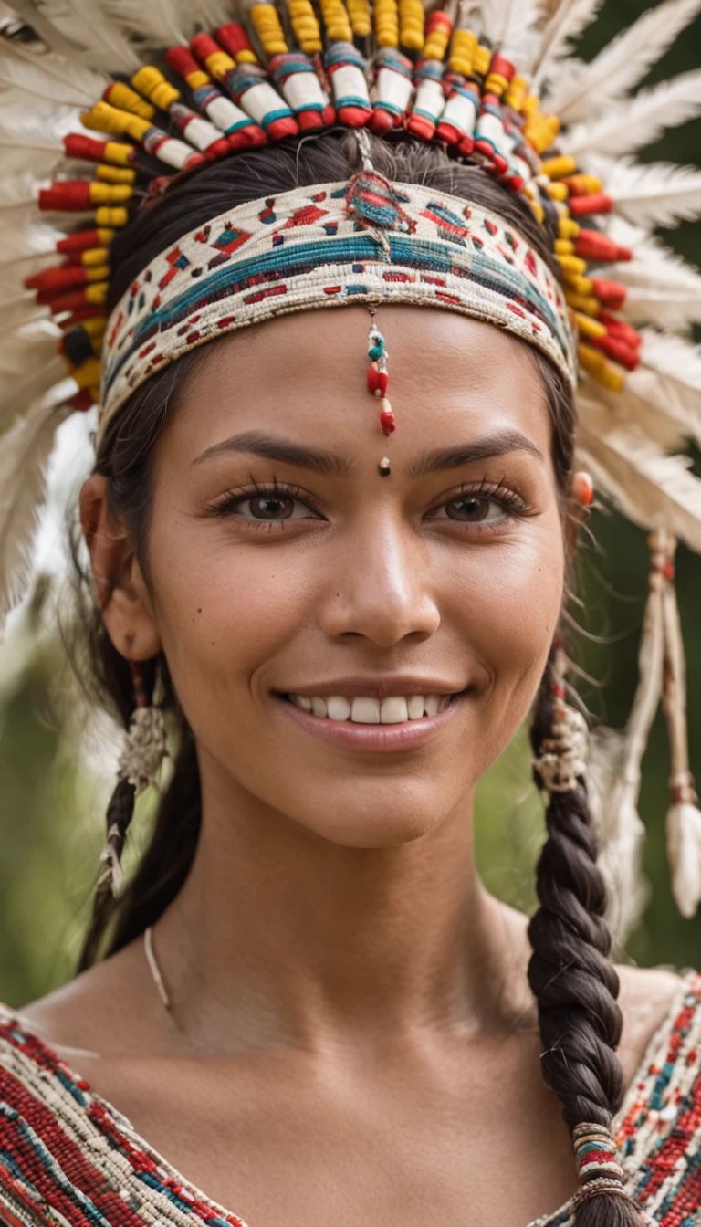 A photo of the face of a Native American woman, aux yeux verts, cheveux noirs, and a highly detailed Cherokee headdress adorning his head. She smiles at the camera. She wears traditional and abbreviated Aboriginal clothing, highlighting his slender body. Elle marche dans une plaine herbeuse avec des fleurs.
The photo captures the natural beauty and cultural richness of Native American women. The cinematic lighting highlights the intricate details of her headdress and brings out the depth of her green eyes, Create a captivating effect. Unreal Engine ensures photorealistic quality, Make the image look like a moment frozen in time.
Ses cheveux noirs contrastent magnifiquement avec les couleurs vibrantes de la coiffe, adding to its striking appearance. Its traditional clothing reflects its cultural heritage and complements the natural setting of the grassy plain...
The woman's smile exudes warmth and positivity, Creating a connection with the viewer. Her slender body and traditional attire showcase her cultural identity and resilience..
Le cadre naturel de la plaine herbeuse avec des fleurs offre une toile de fond pittoresque, Add to the authenticity of the scene. The camera chosen for this photo captures the intricate details of his expression and dress..
The result is a visually appealing image that celebrates the woman's heritage and individuality., capturer son apparence captivante et sa signification culturelle dans une seule image. The combination of its unique features, Tenue traditionnelle, and the natural environment make photography a sense of cultural pride and harmony with nature