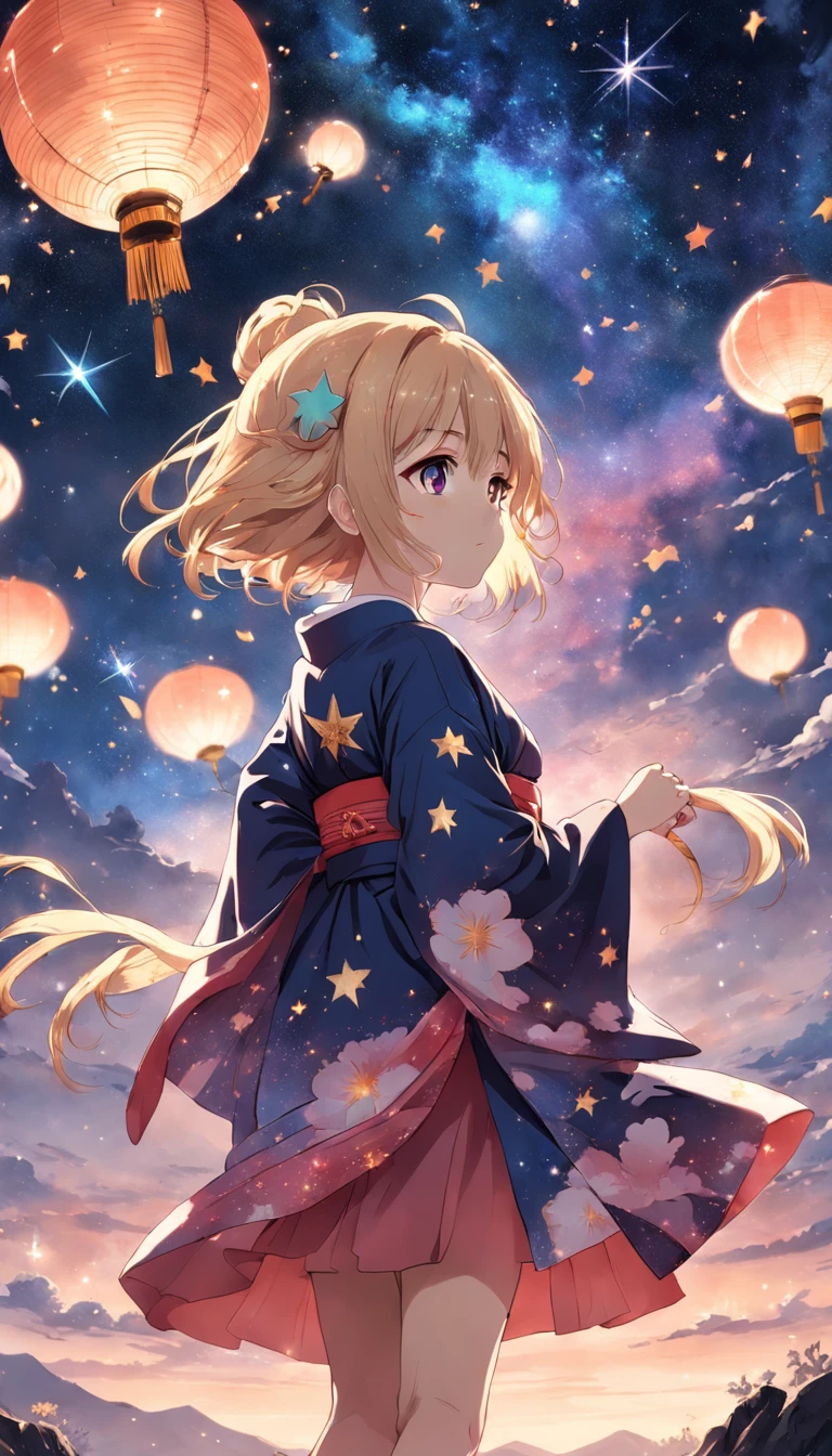 mujer estilo anime en un kimono mirando las estrellas