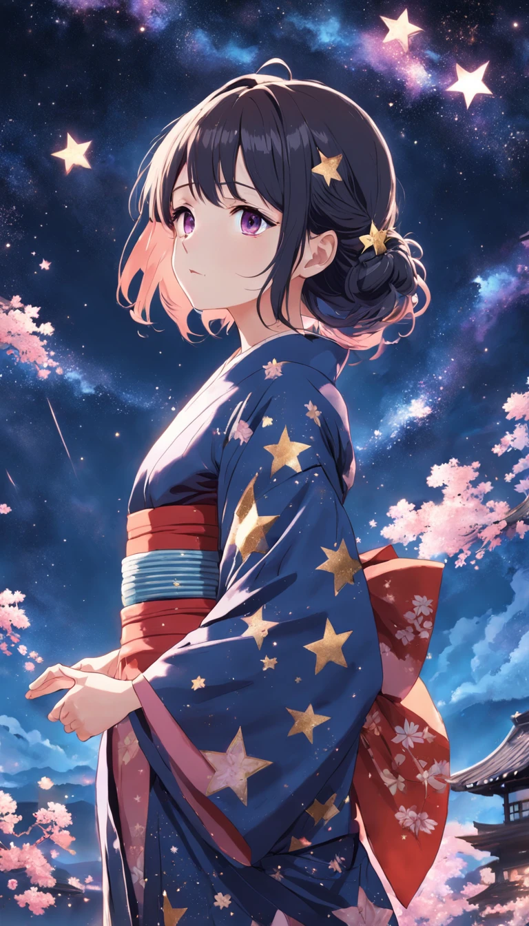 mujer estilo anime en un kimono mirando las estrellas
