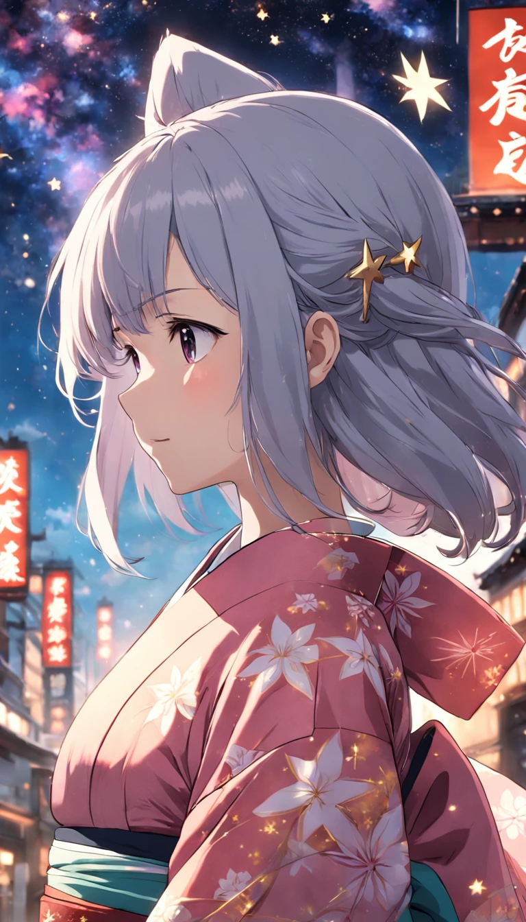 mujer estilo anime en un kimono mirando las estrellas