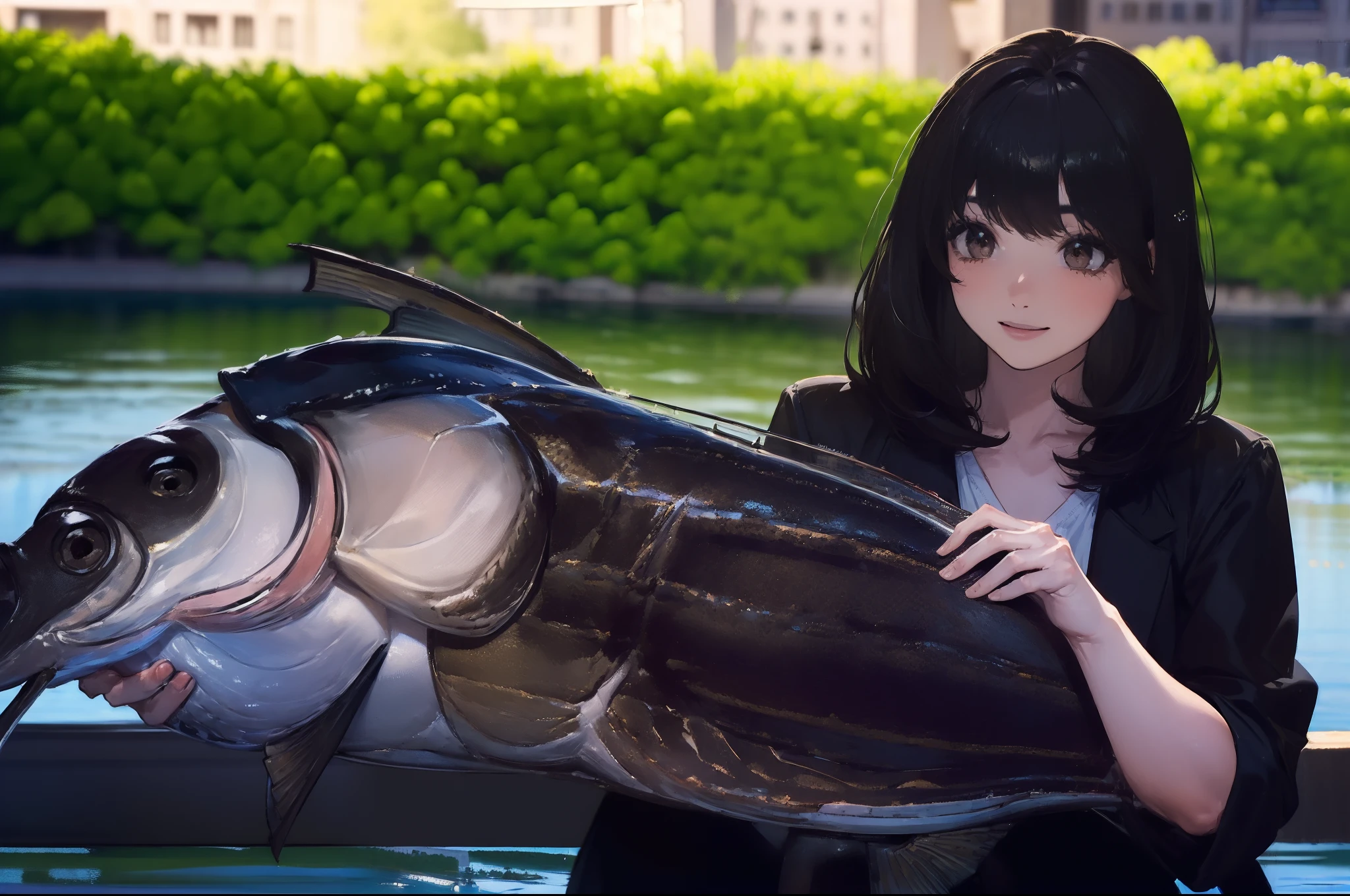 ((((Catch a big black bass by the lakeside:1.5)))),((1 Female 22 years old))((Best Quality, masterpiece :1.5)),(((Hands with the correct number and structure of fingers:1.4))),hight resolution,ultra-detailliert,masterpiece,best qualtiy,,Black hair, long eyeslashes, Solid Circle Eyes, Smiling Woman, drop shadow, Atmospheric perspective,Super Detail, ccurate, small brest,(Black jacket :1.1),top-quality, blurry backround, bokeh dof:1.2, (masterpiece:1.3), Atmospheric perspective,Super Detail,dynamic compositions