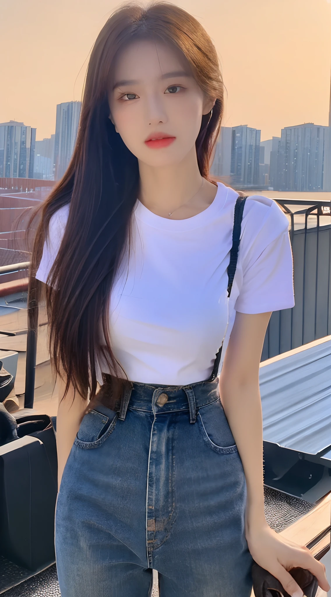 ((Midnight, Best quality, 8k, Masterpiece :1.3)), Whole body, Long legs, Sharp focus :1.2, A pretty woman with perfect figure :1.4, Slender abs :1.1, ((Dark brown hair, Big breasts :1.2)), (White tight tshirt, Jean bib, Standing:1.2), ((Night city view, Rooftop:1.3)), Highly detailed face and skin texture, Detailed eyes, Double eyelid