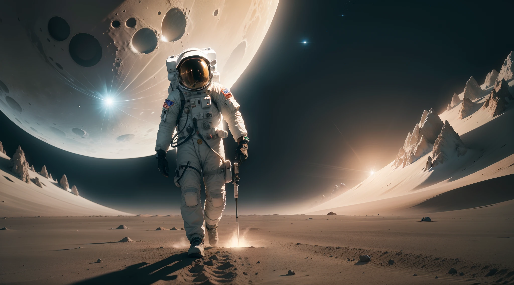 cinematic image, high quality, shadows and real lights, 8k, an astronaut walking on the surface of the moon waving to a flying saucer that is hovering in front of him with mysterious lights