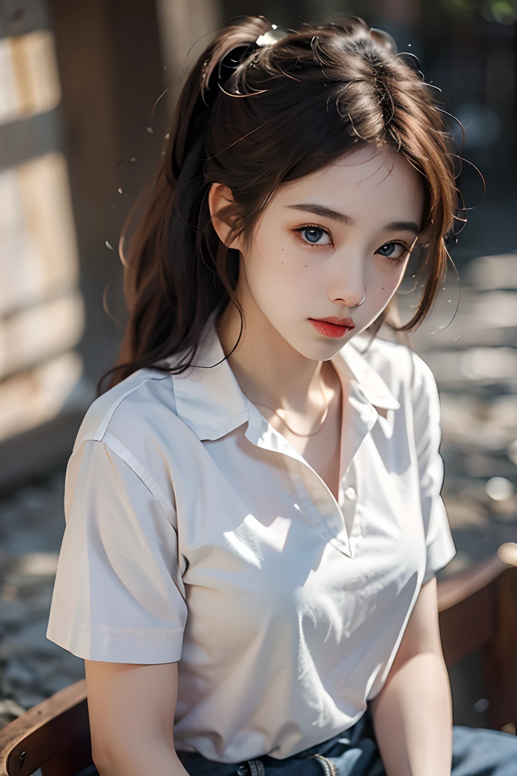 (Highest quality, A high resolution, Masterpiece:1.3) Dusk, Sunset, A girl, 19years old, short cut, pony tails, White shirt, White sneakers, Denim miniskirt, hentail realism, ultra - detailed, MuCoi, Rest sit on the riverbank, Hold your cheeks with both hands, Upper body, Face focus, looki at viewer, brunette color hair, Blue eyes, Break the dynamic light and shadow, A high resolution, foco nítido, depth of fields, A detailed eye